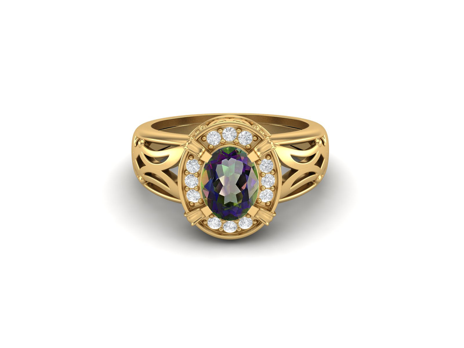 Mystic Topaz Oval Filigree Halo Design Ring - Sterling Silver