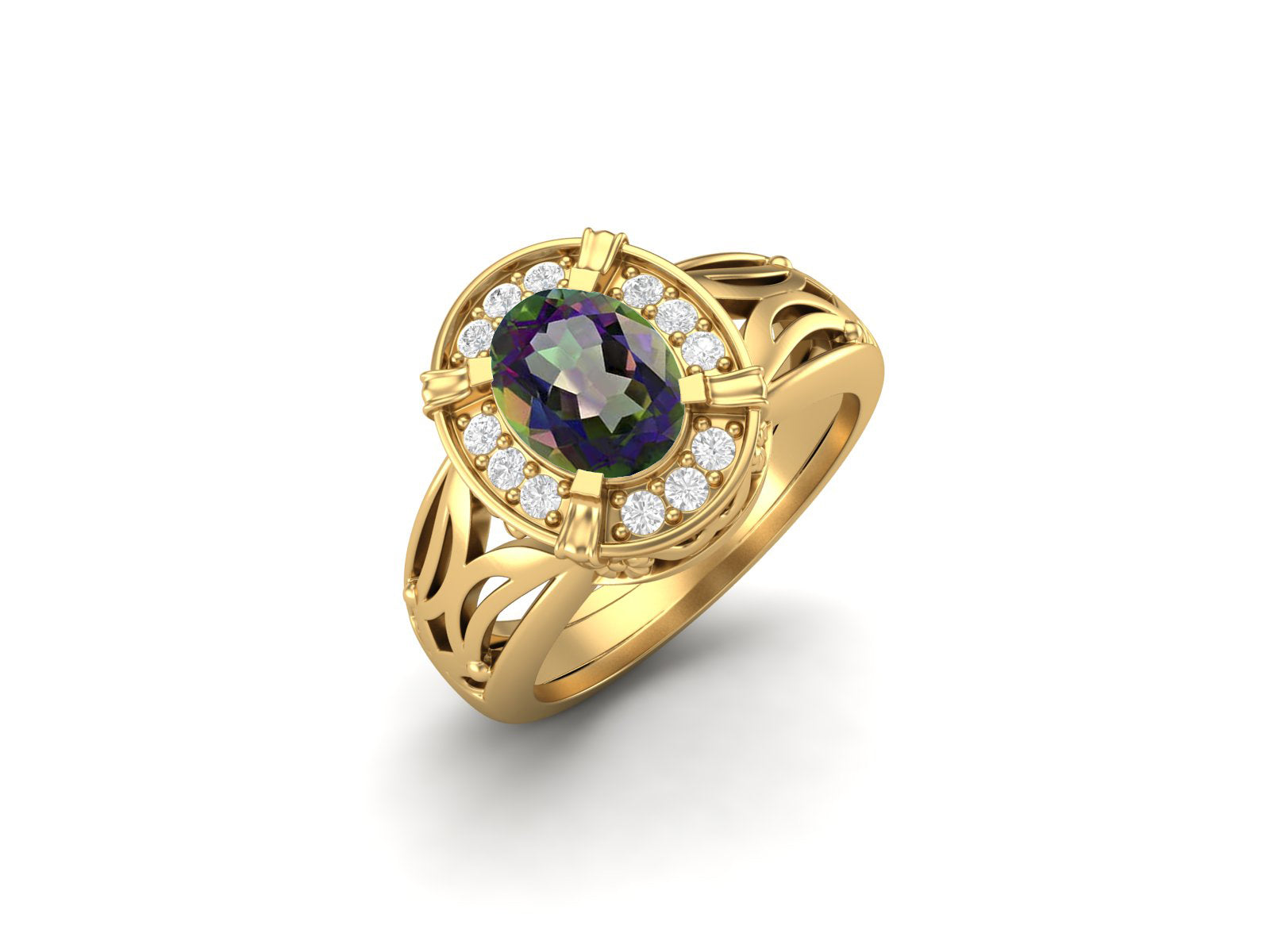 Mystic Topaz Oval Filigree Halo Design Ring - Sterling Silver