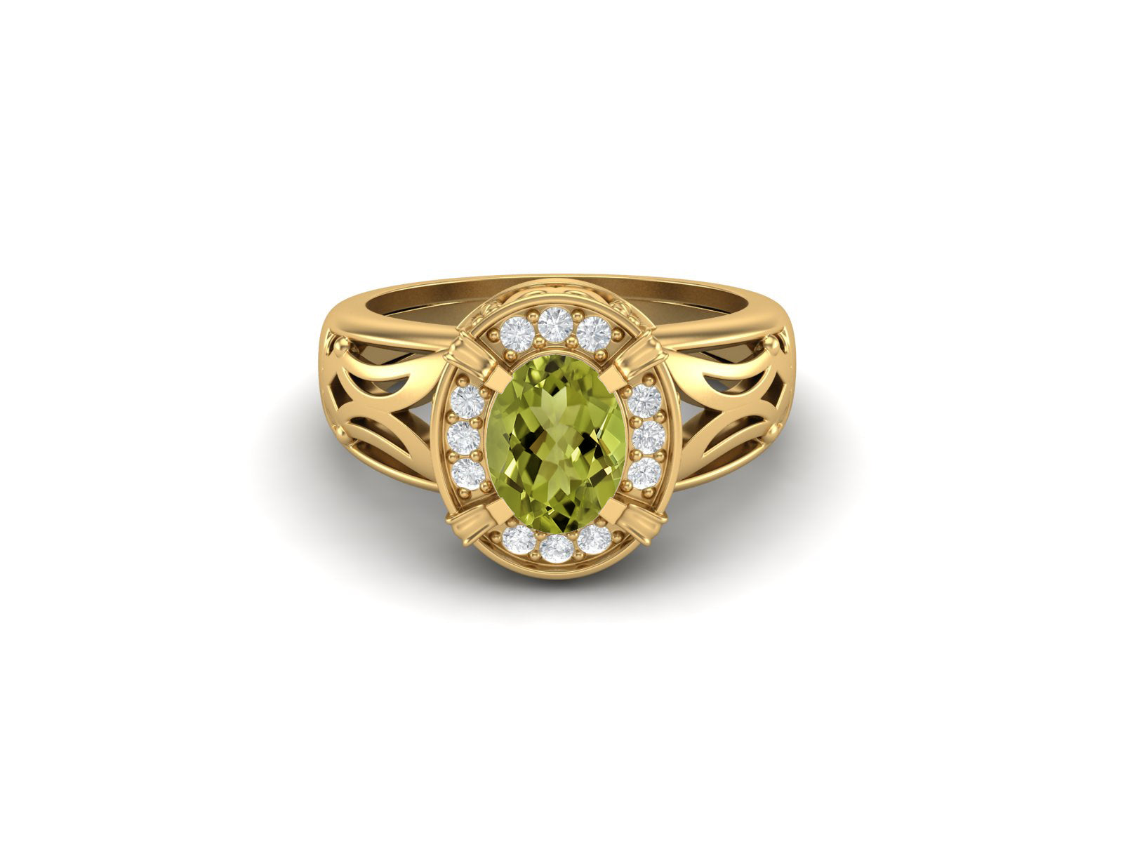 Peridot Oval Filigree Halo Design Ring - Sterling Silver