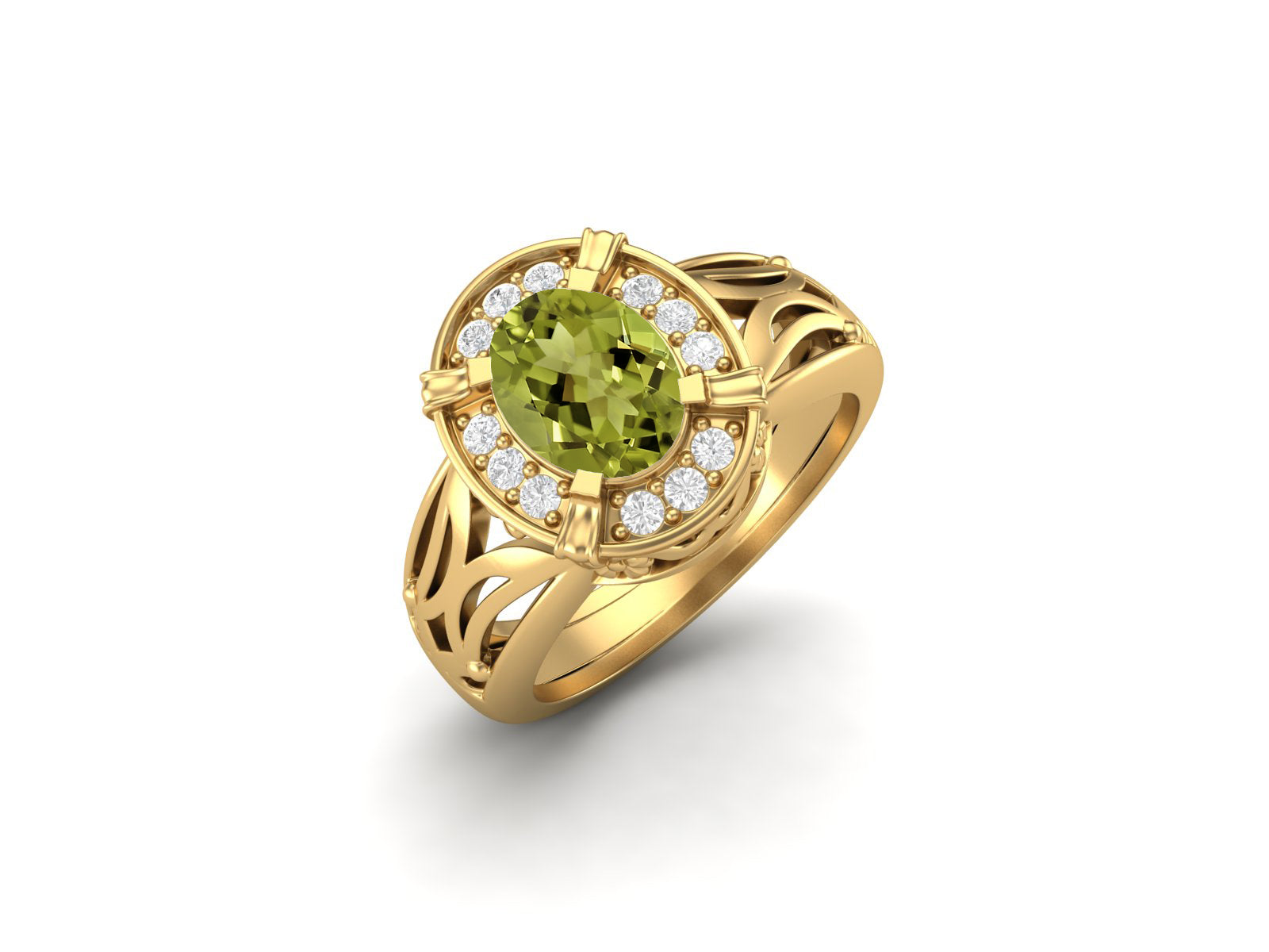 Peridot Oval Filigree Halo Design Ring - Sterling Silver