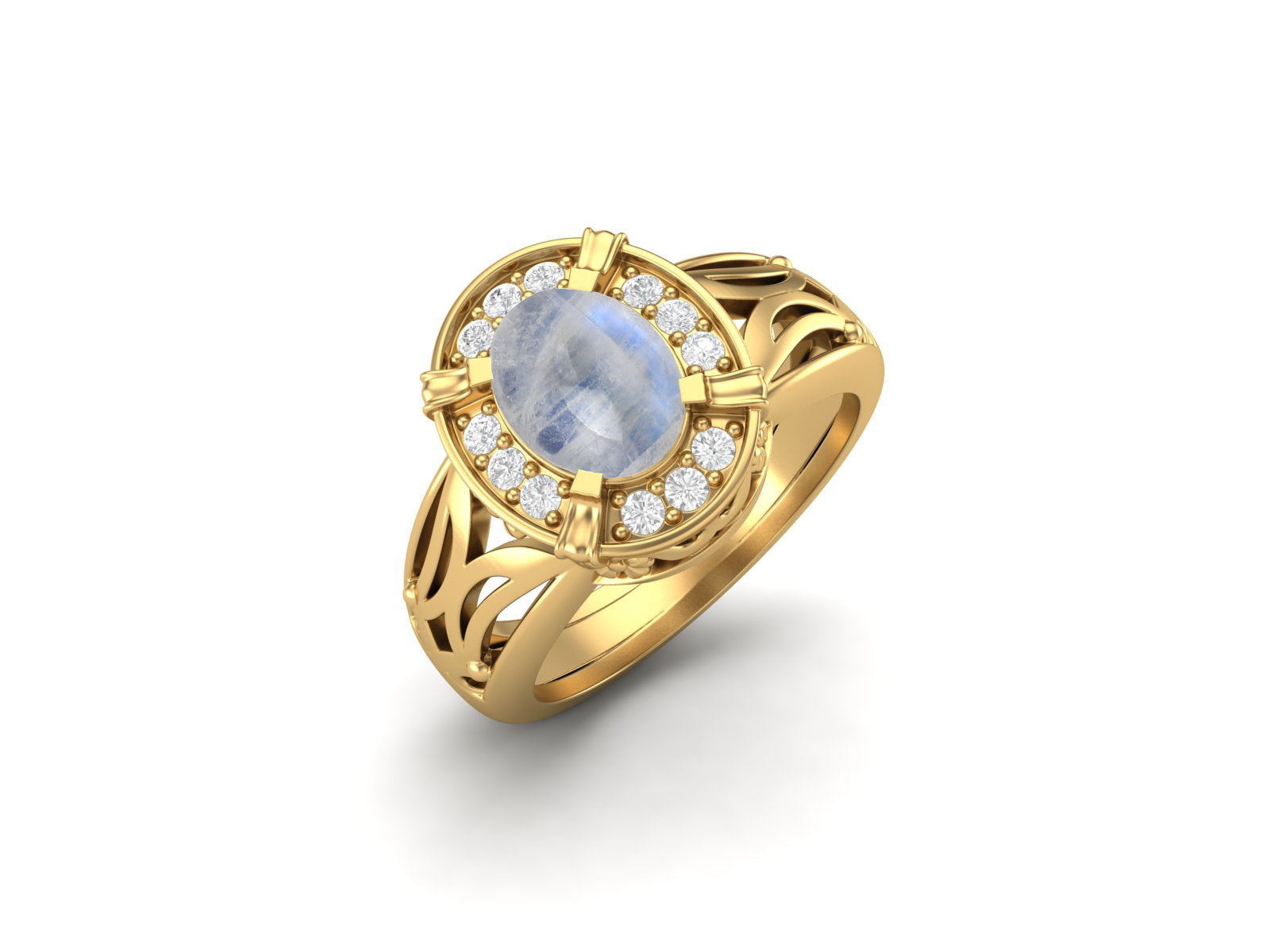 Moonstone Oval Filigree Halo Design Ring - Sterling Silver