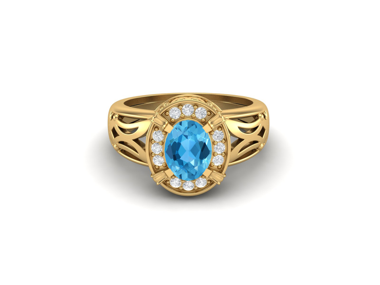 Swiss Blue Topaz Oval Filigree Halo Design Ring - Sterling Silver