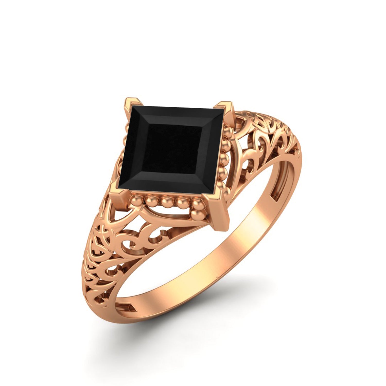 Black Spinel Vintage Filigree Ring - Sterling Silver