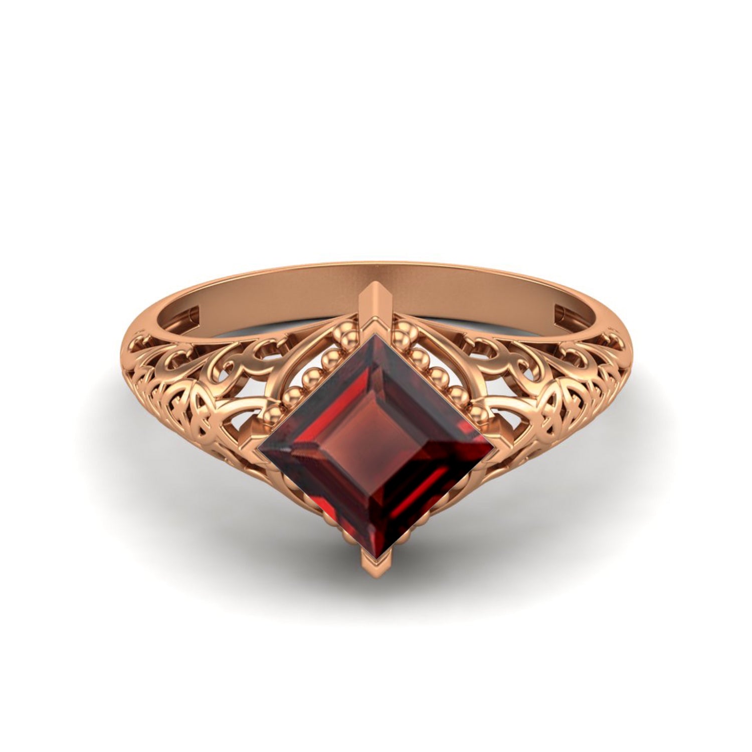 Garnet Princess Cut Filigree Design Ring – Sterling Silver