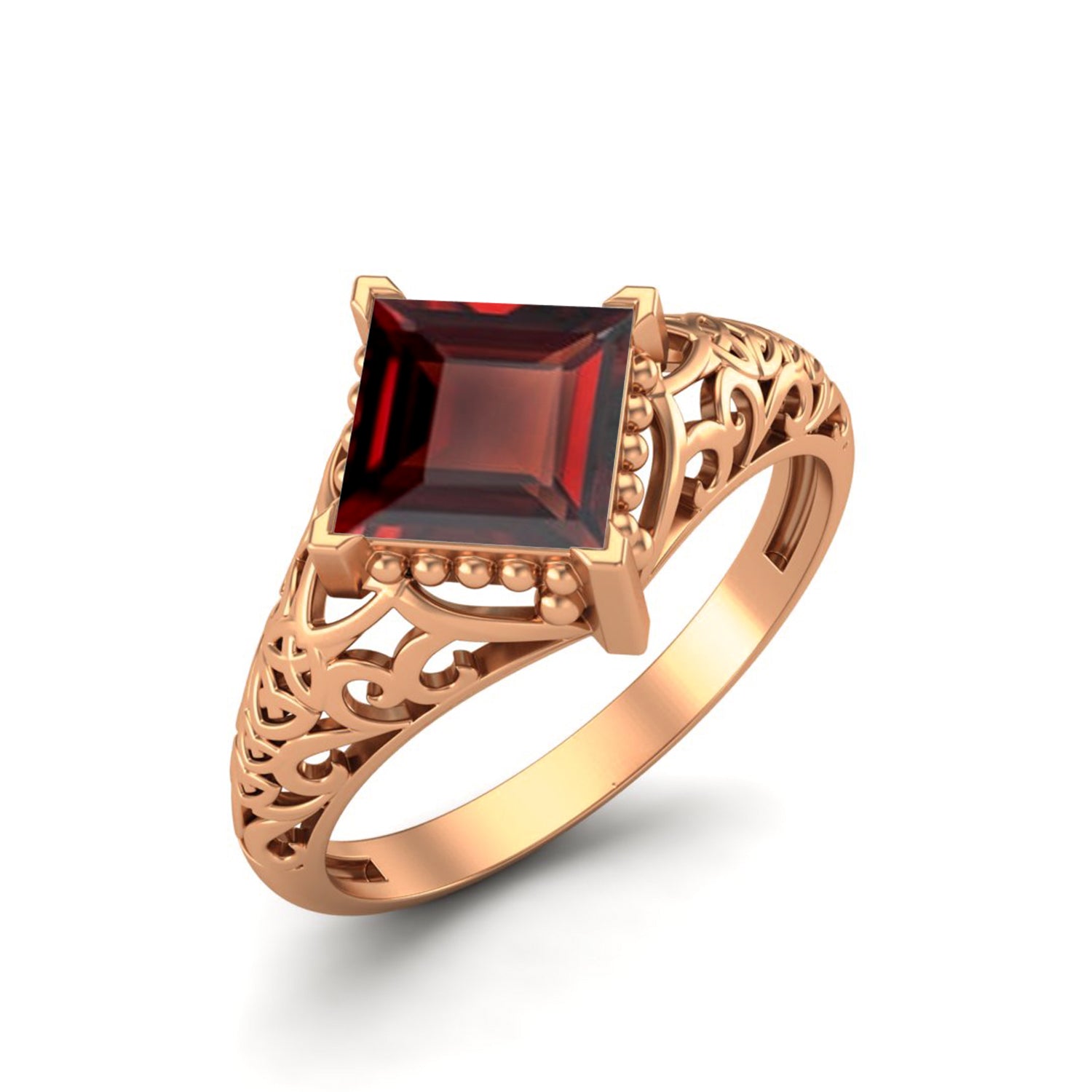 Garnet Princess Cut Filigree Design Ring – Sterling Silver