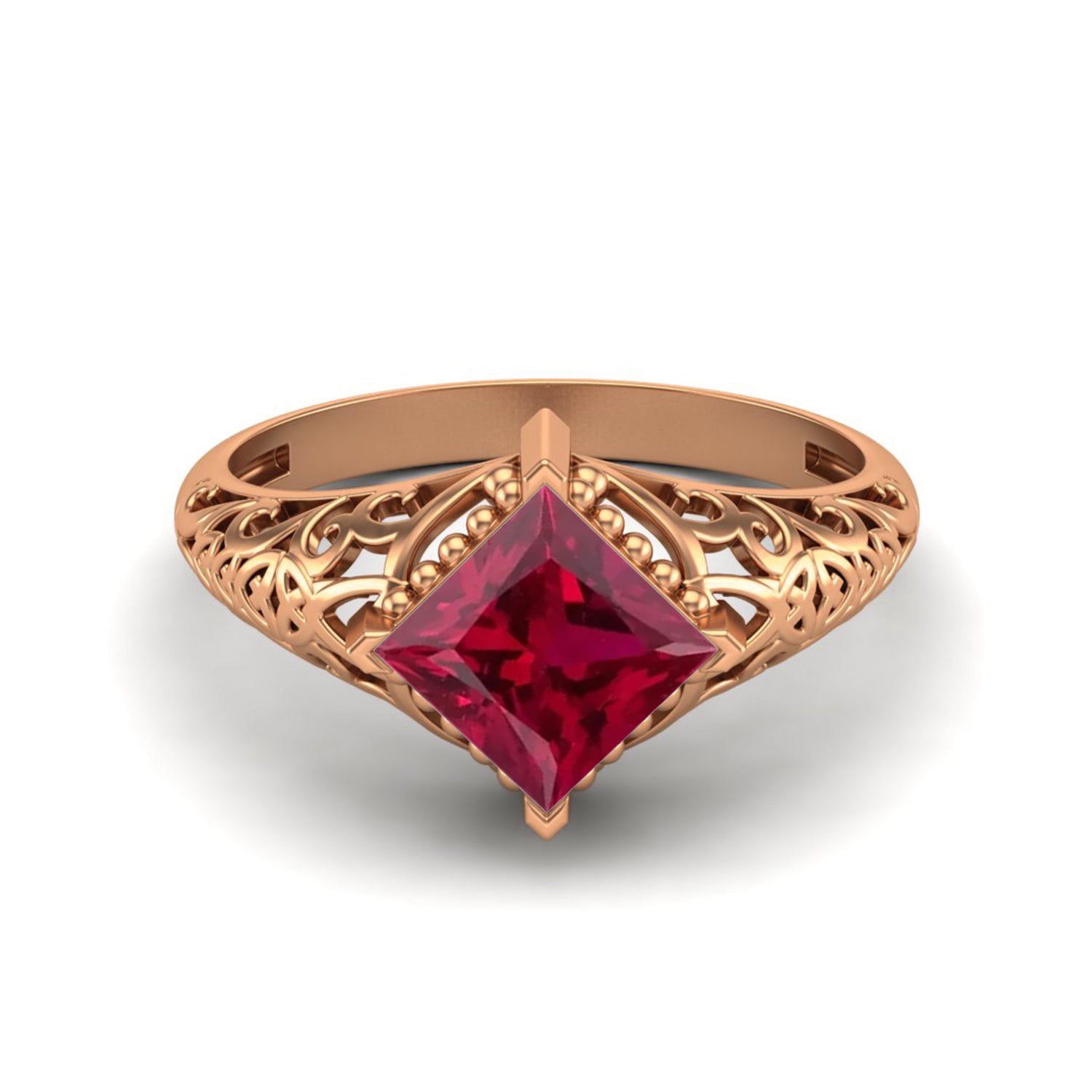 Ruby Princess Cut Intricate Filigree Ring - Sterling Silver
