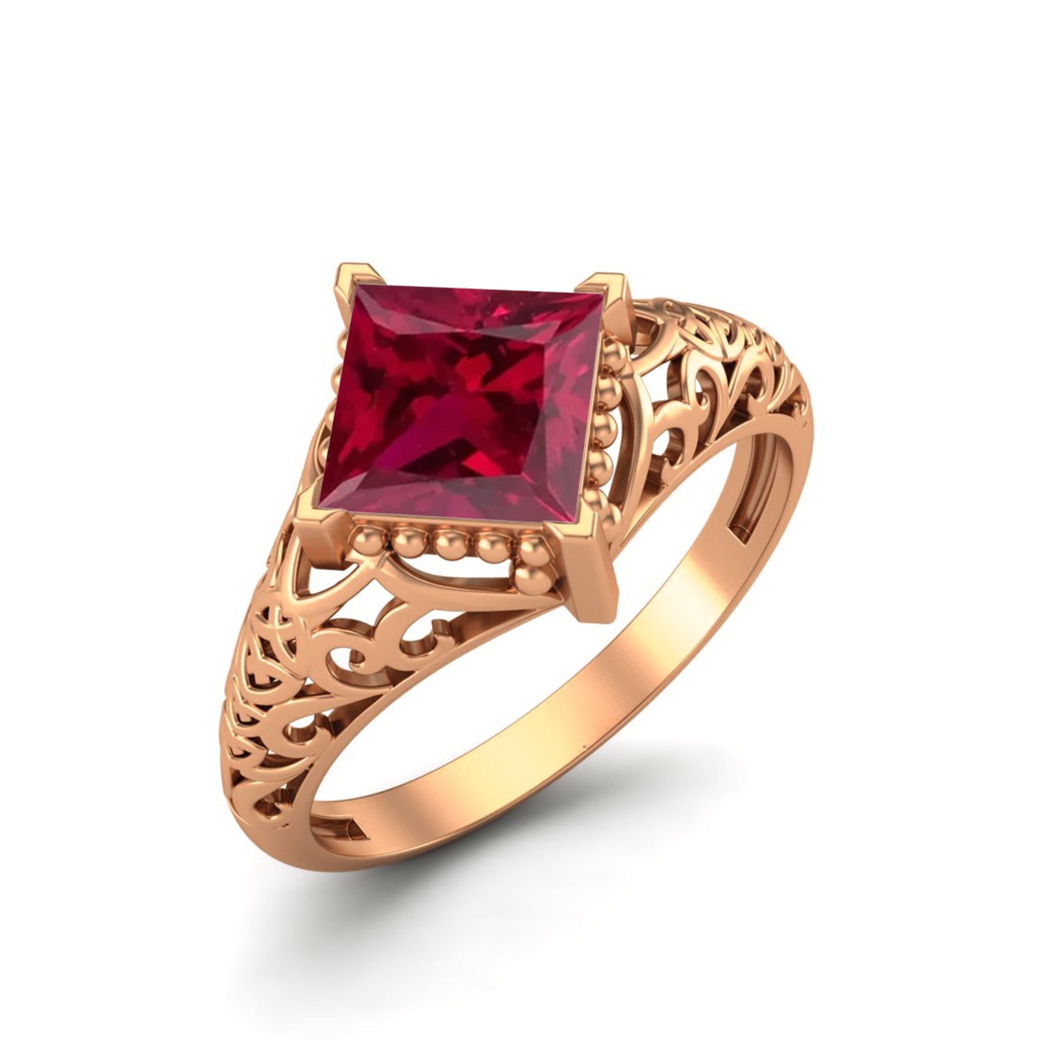 Ruby Princess Cut Intricate Filigree Ring - Sterling Silver