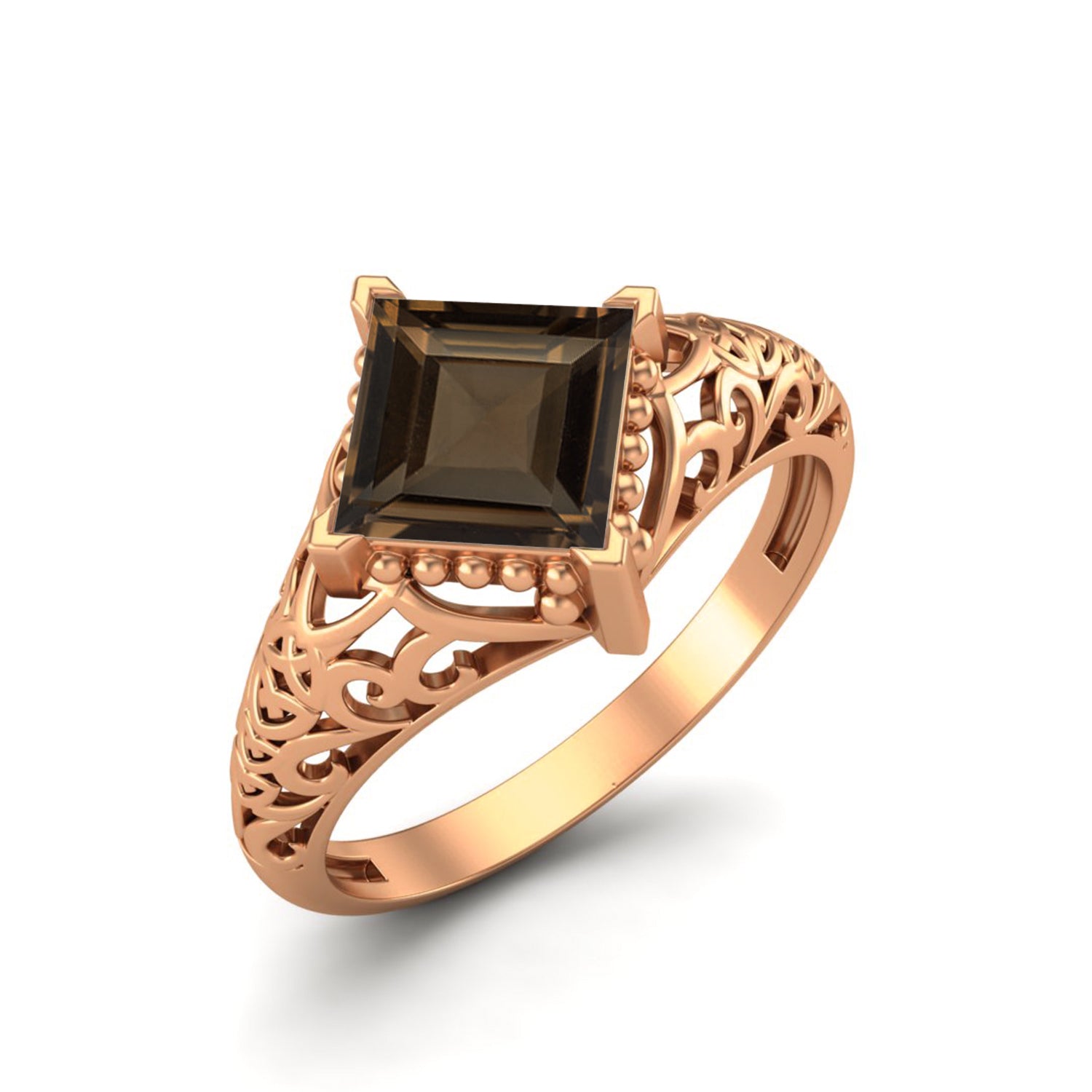 Anello in quarzo fumé quadrato da 1,30 carati, anello nuziale unico, anello in filigrana Art Déco