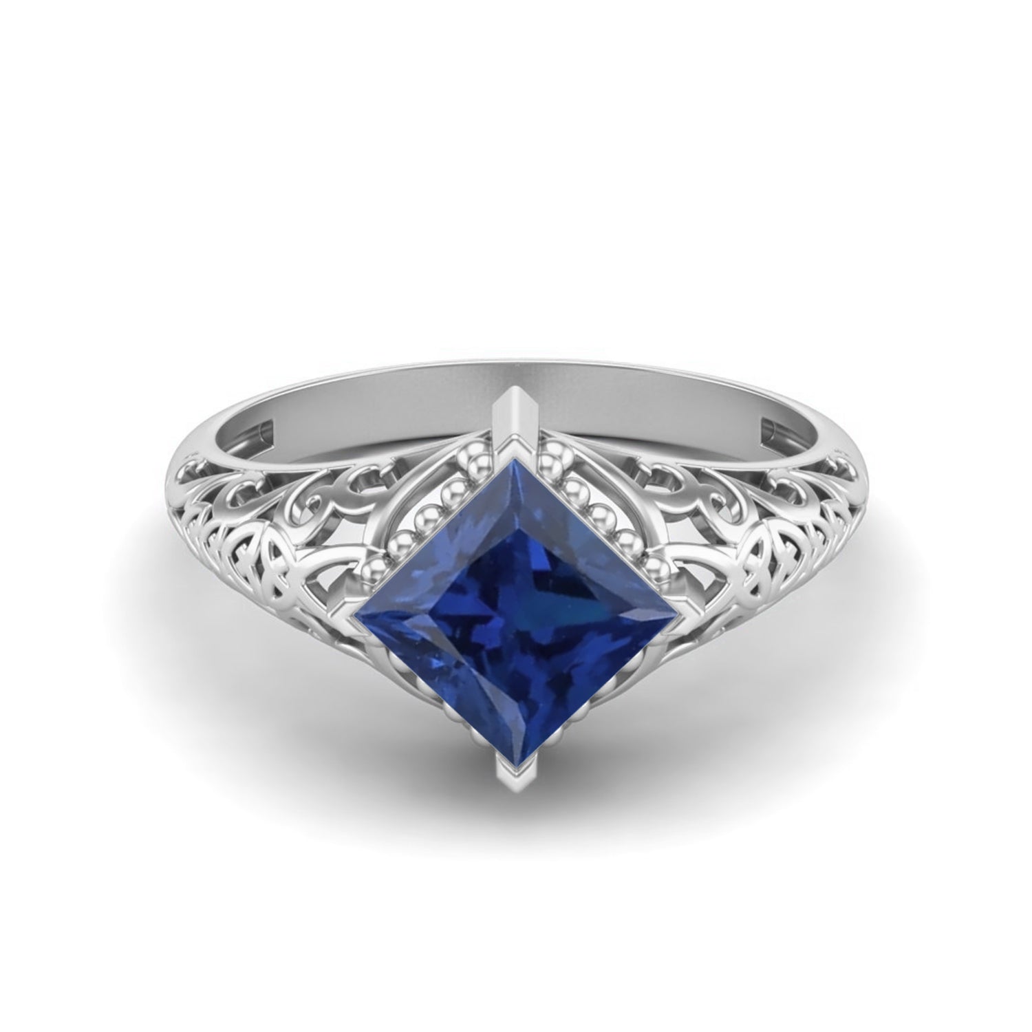 Blue Sapphire Solitaire Filigree Ring – Sterling Silver