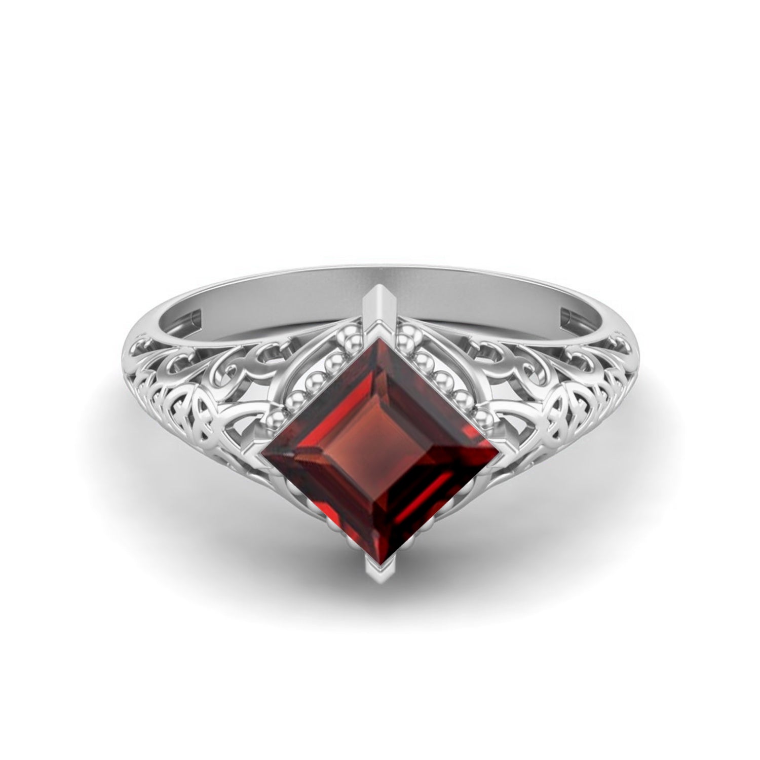 Garnet Princess Cut Filigree Design Ring – Sterling Silver