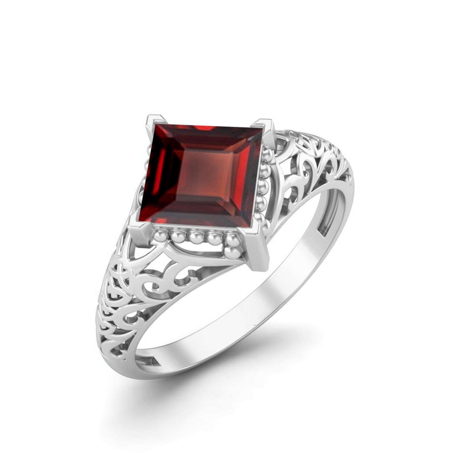 Garnet Princess Cut Filigree Design Ring – Sterling Silver