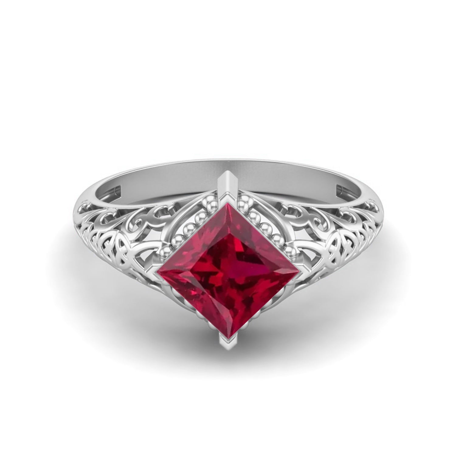Ruby Princess Cut Intricate Filigree Ring - Sterling Silver