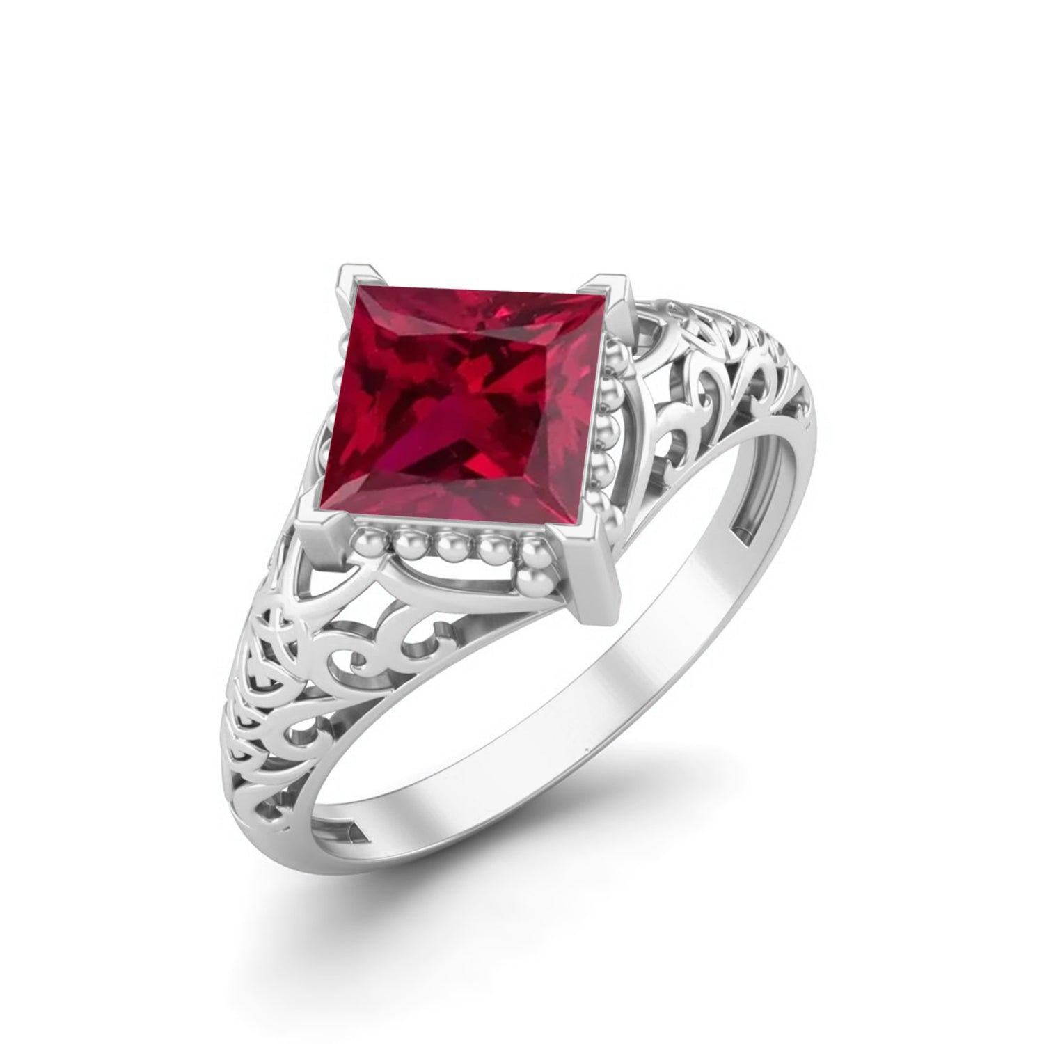 Ruby Princess Cut Intricate Filigree Ring - Sterling Silver
