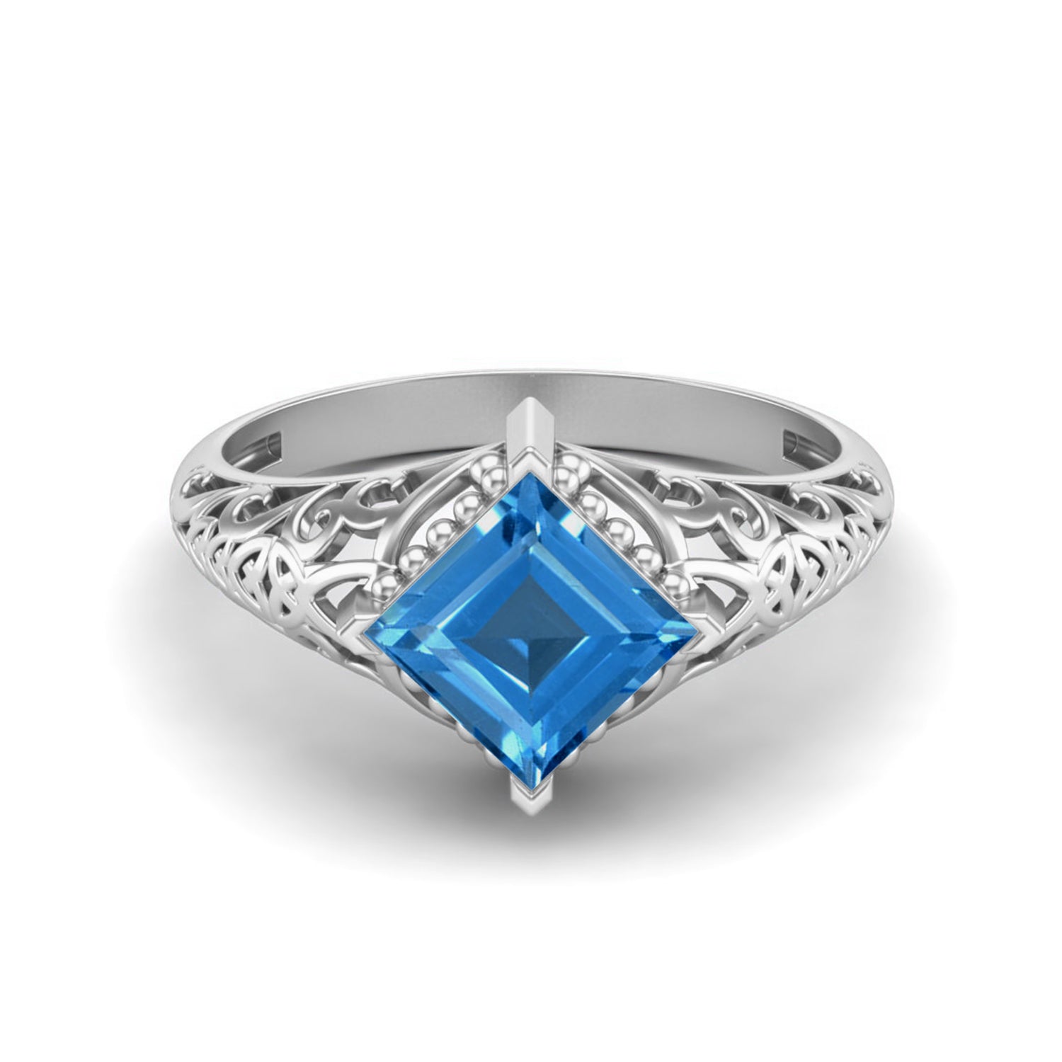 Anello in argento sterling 925 con topazio azzurro cielo, fede nuziale in filigrana Art Déco