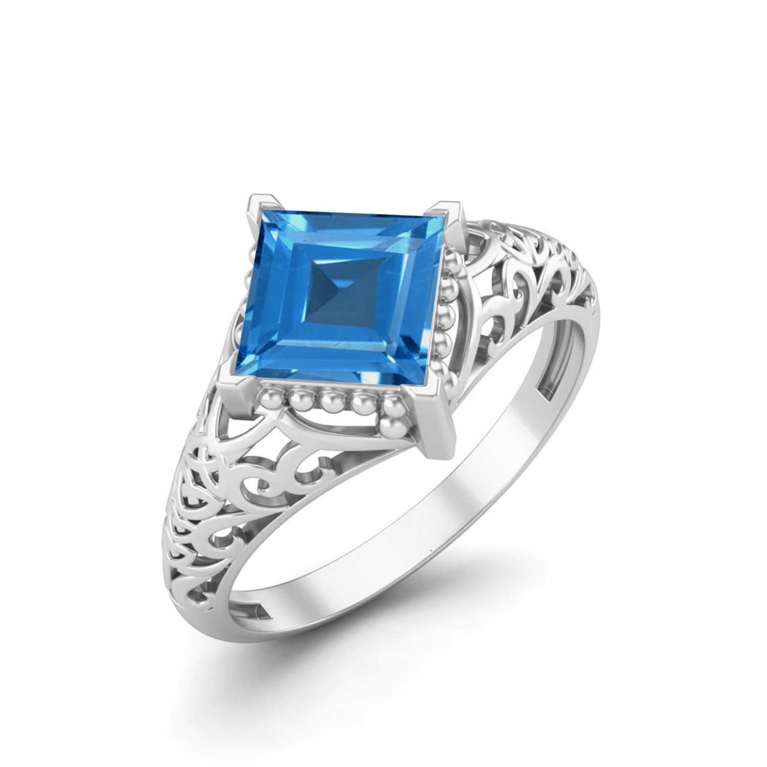 Anello in argento sterling 925 con topazio azzurro cielo, fede nuziale in filigrana Art Déco