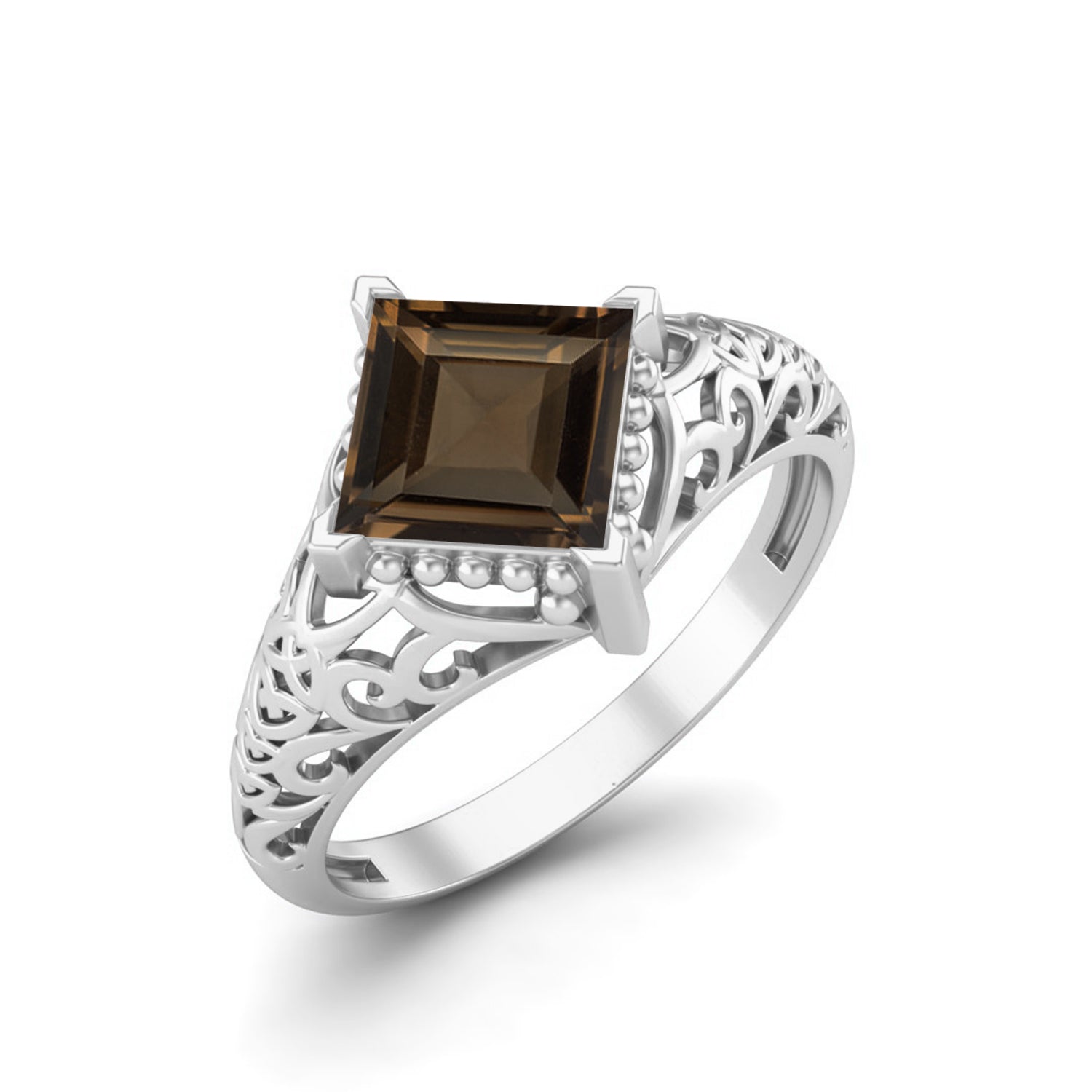 Anello in quarzo fumé quadrato da 1,30 carati, anello nuziale unico, anello in filigrana Art Déco
