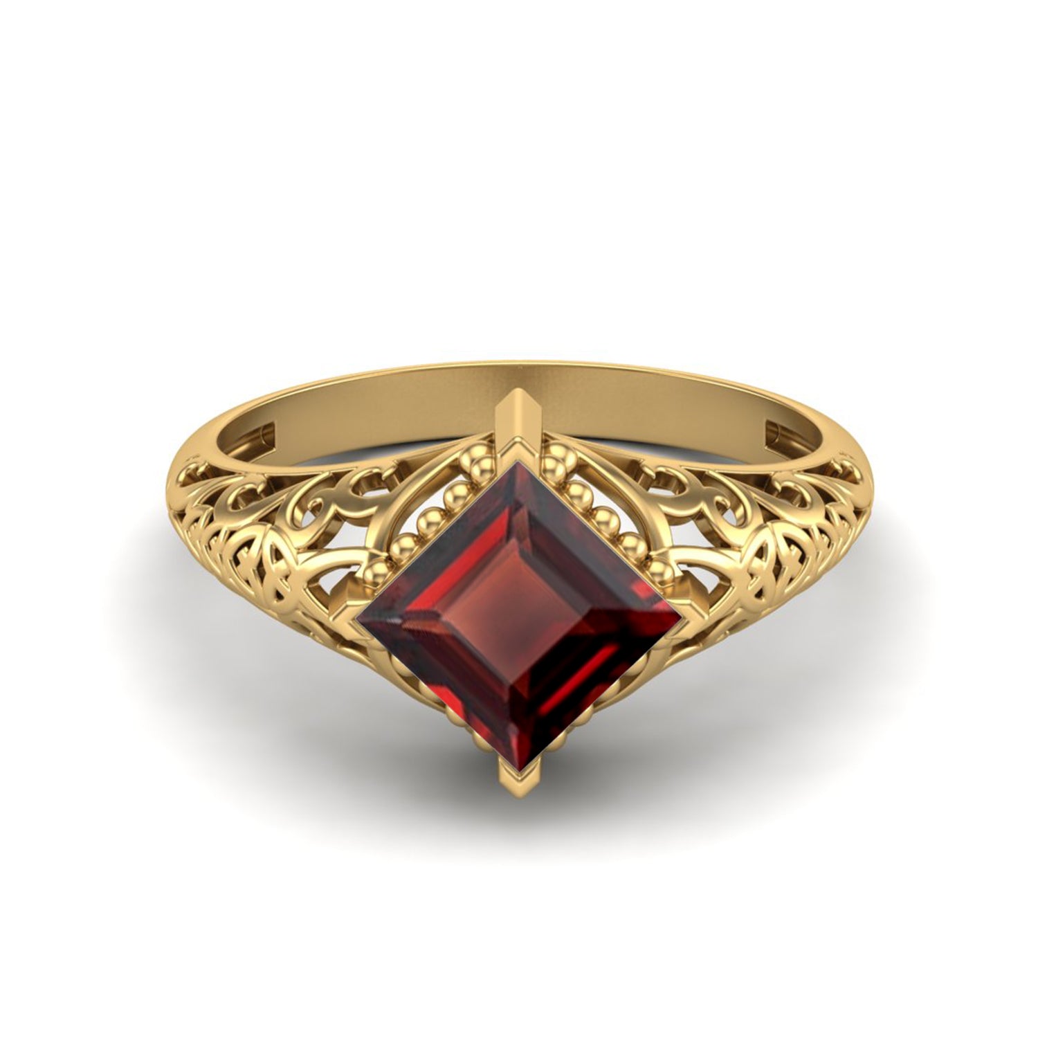 Garnet Princess Cut Filigree Design Ring – Sterling Silver