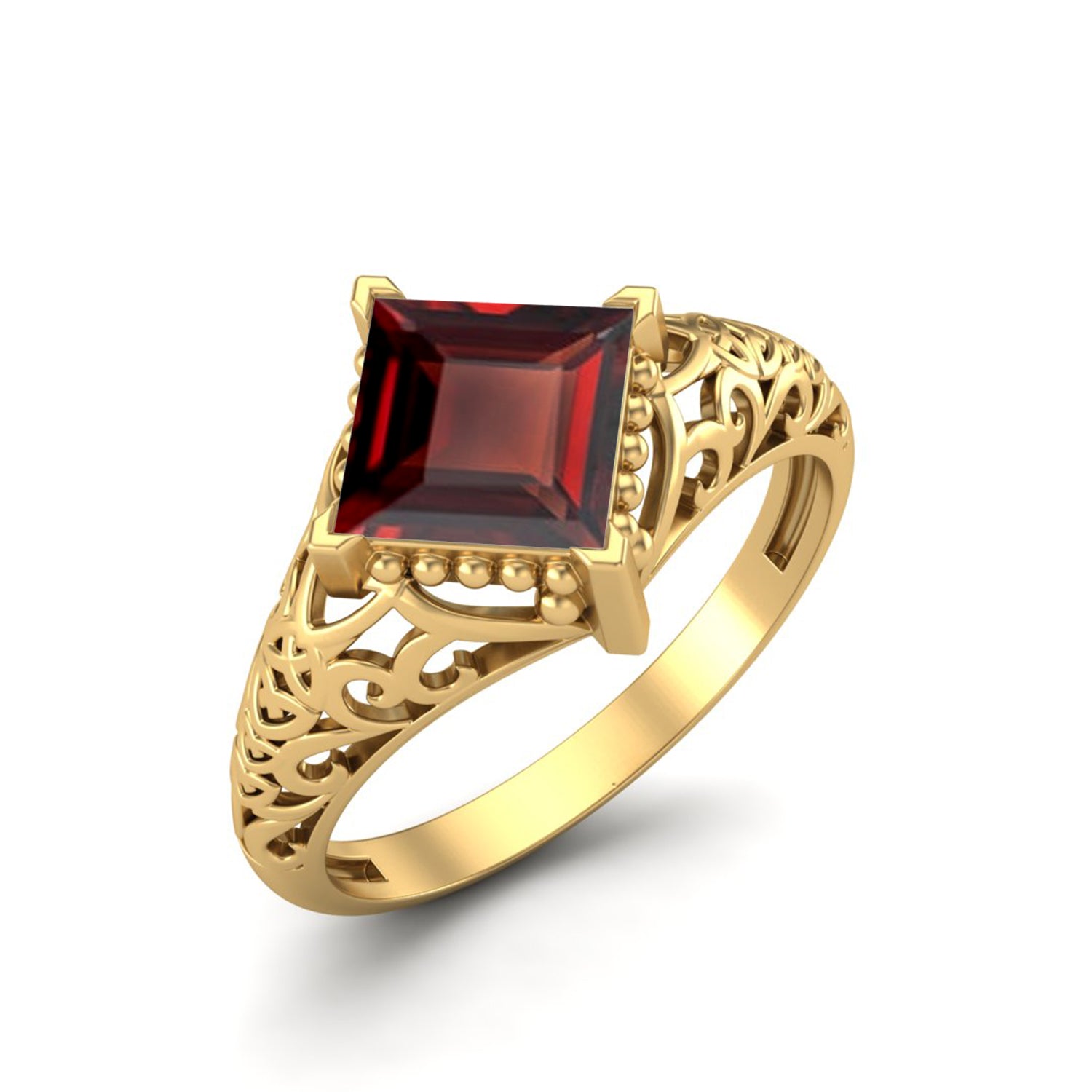 Garnet Princess Cut Filigree Design Ring – Sterling Silver