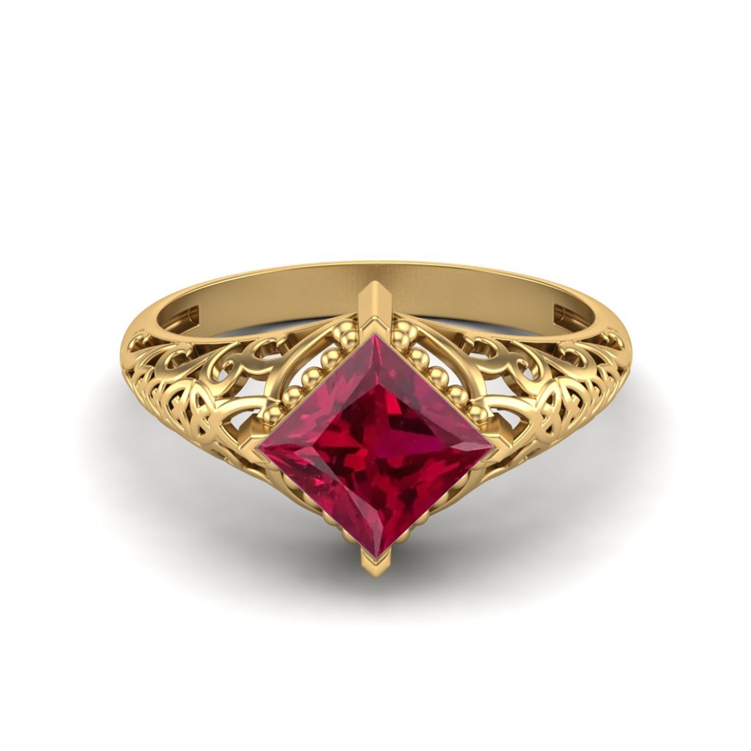 Ruby Princess Cut Intricate Filigree Ring - Sterling Silver