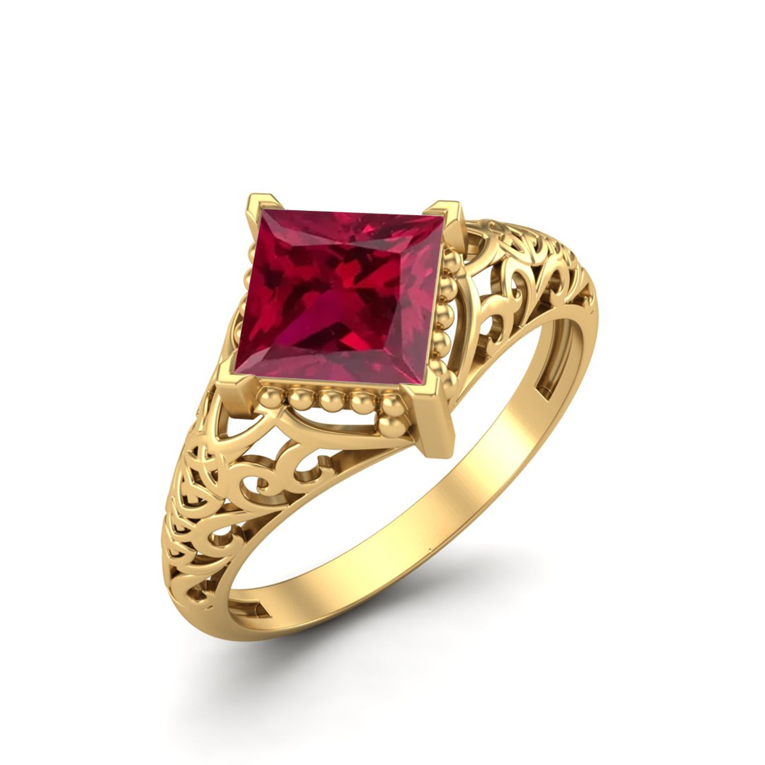 Ruby Princess Cut Intricate Filigree Ring - Sterling Silver
