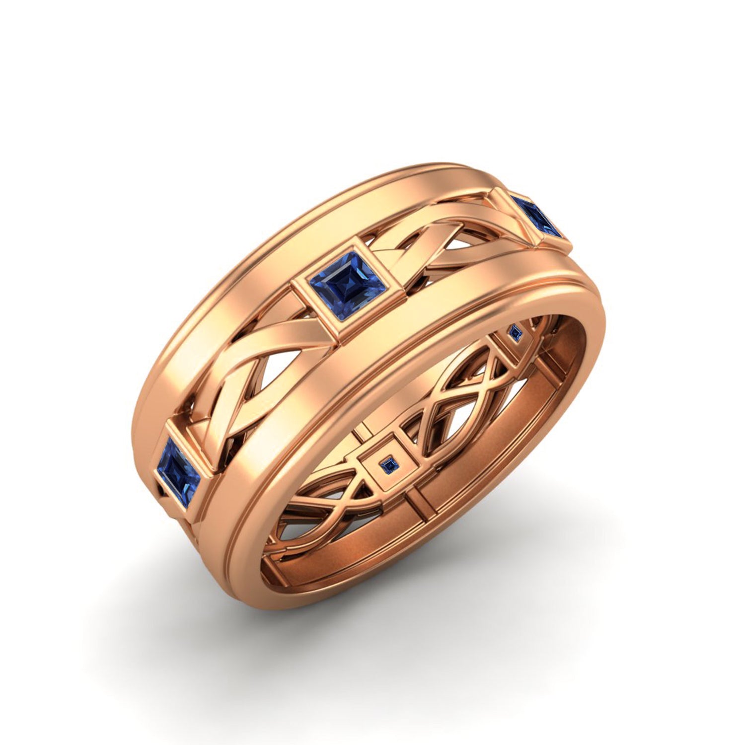 Blue Sapphire Geometric Eternity Band Ring - Sterling Silver