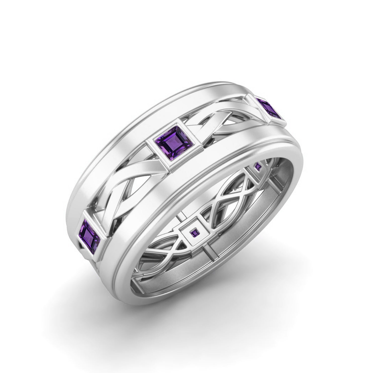 Amethyst Inlays Men's Celtic Band Ring – Sterling Silver