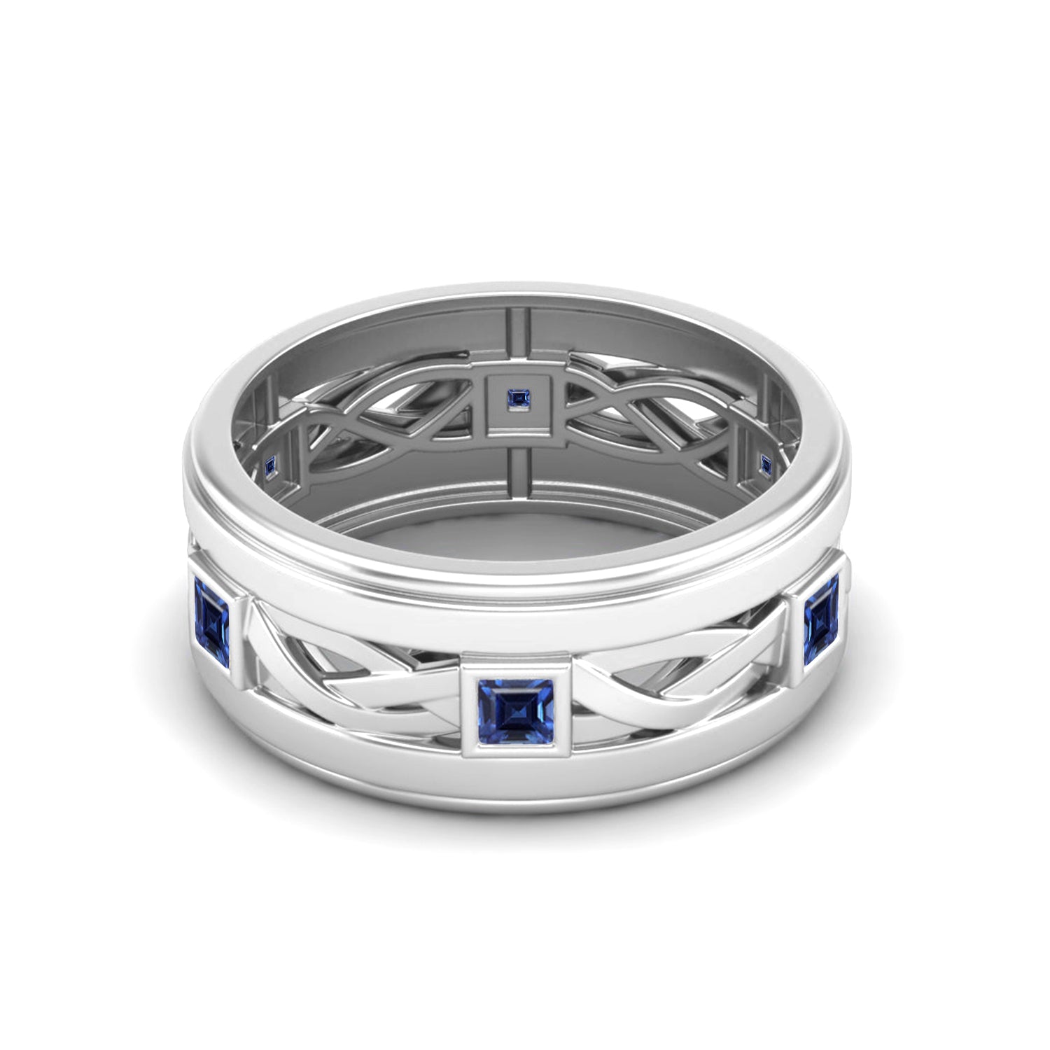 Blue Sapphire Geometric Eternity Band Ring - Sterling Silver