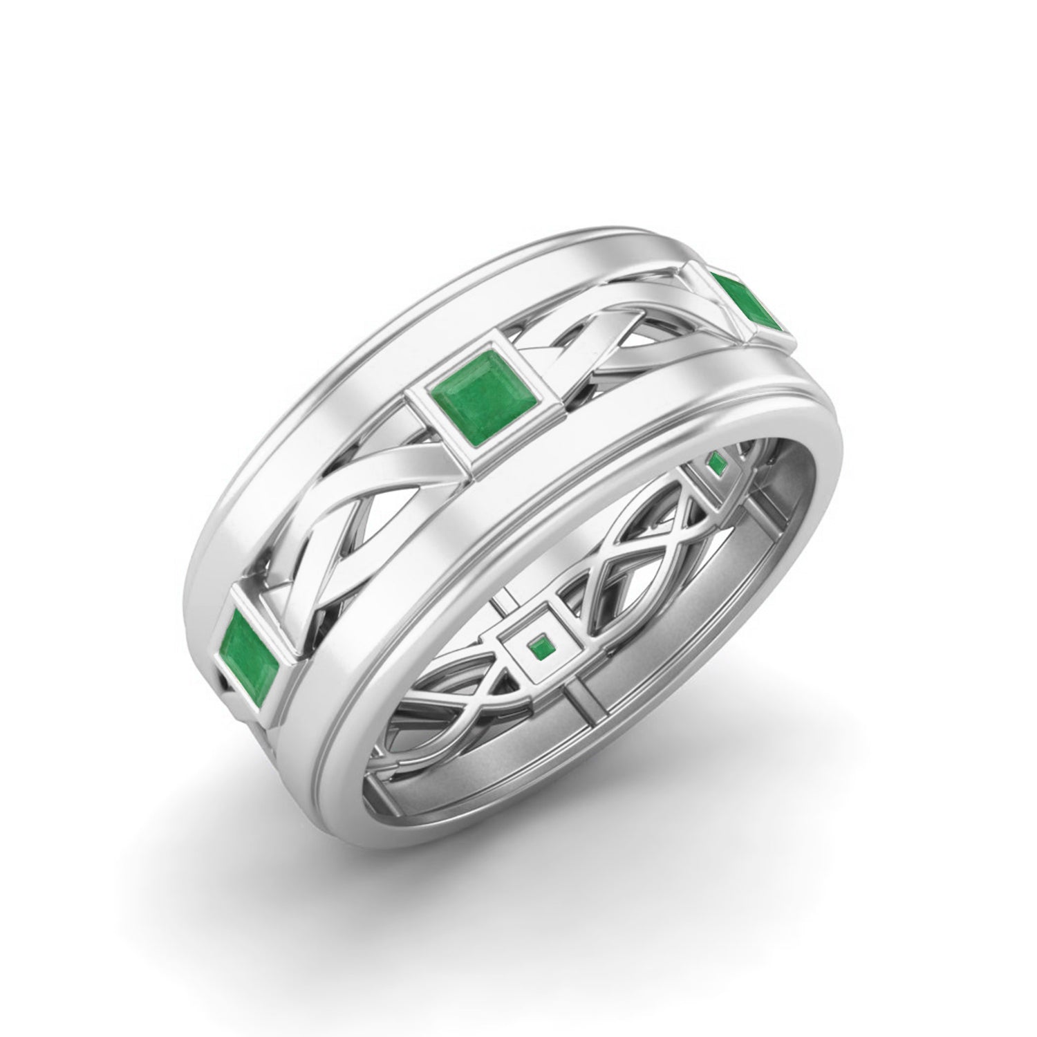 Emerald Inlays Men's Celtic Band Ring – Sterling Silver