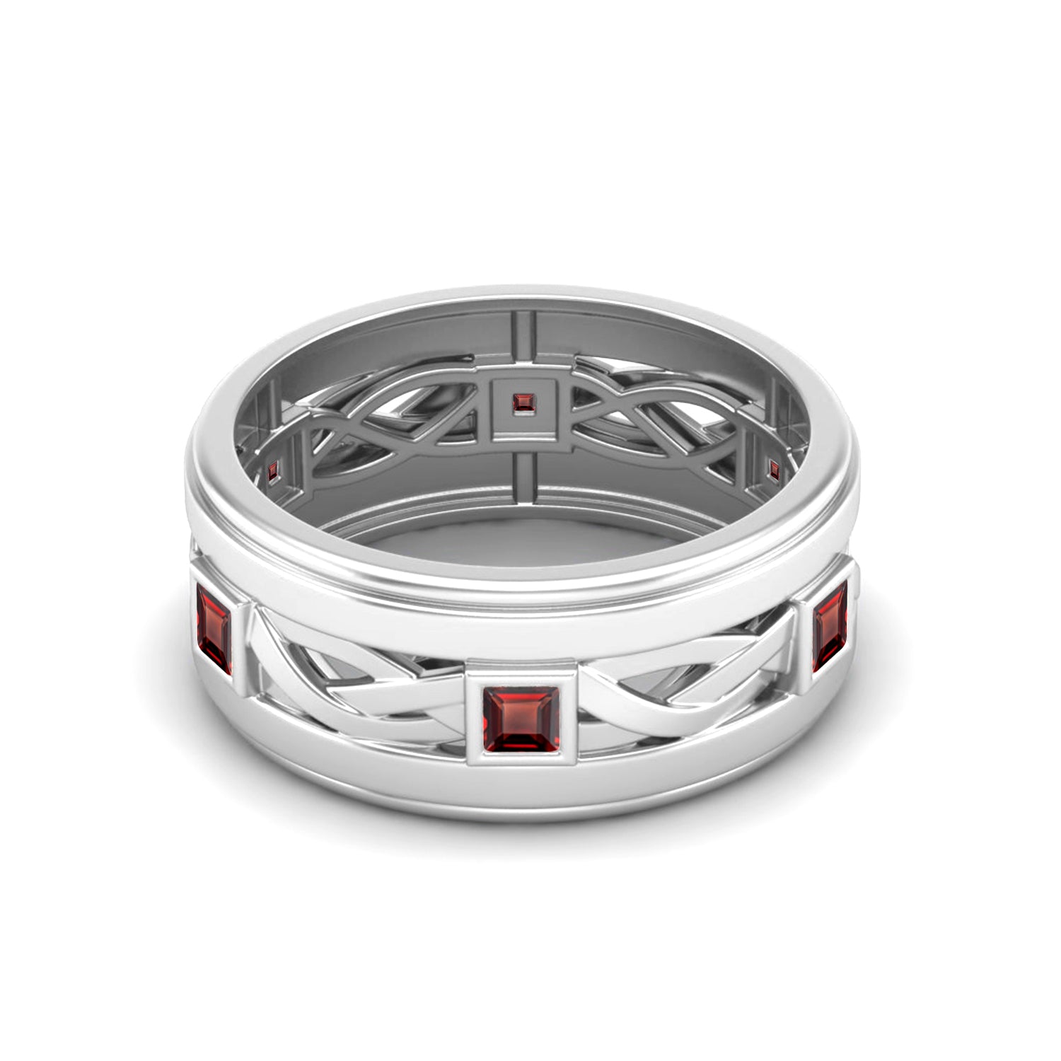 Garnet Intricate Lattice Band Ring – Sterling Silver