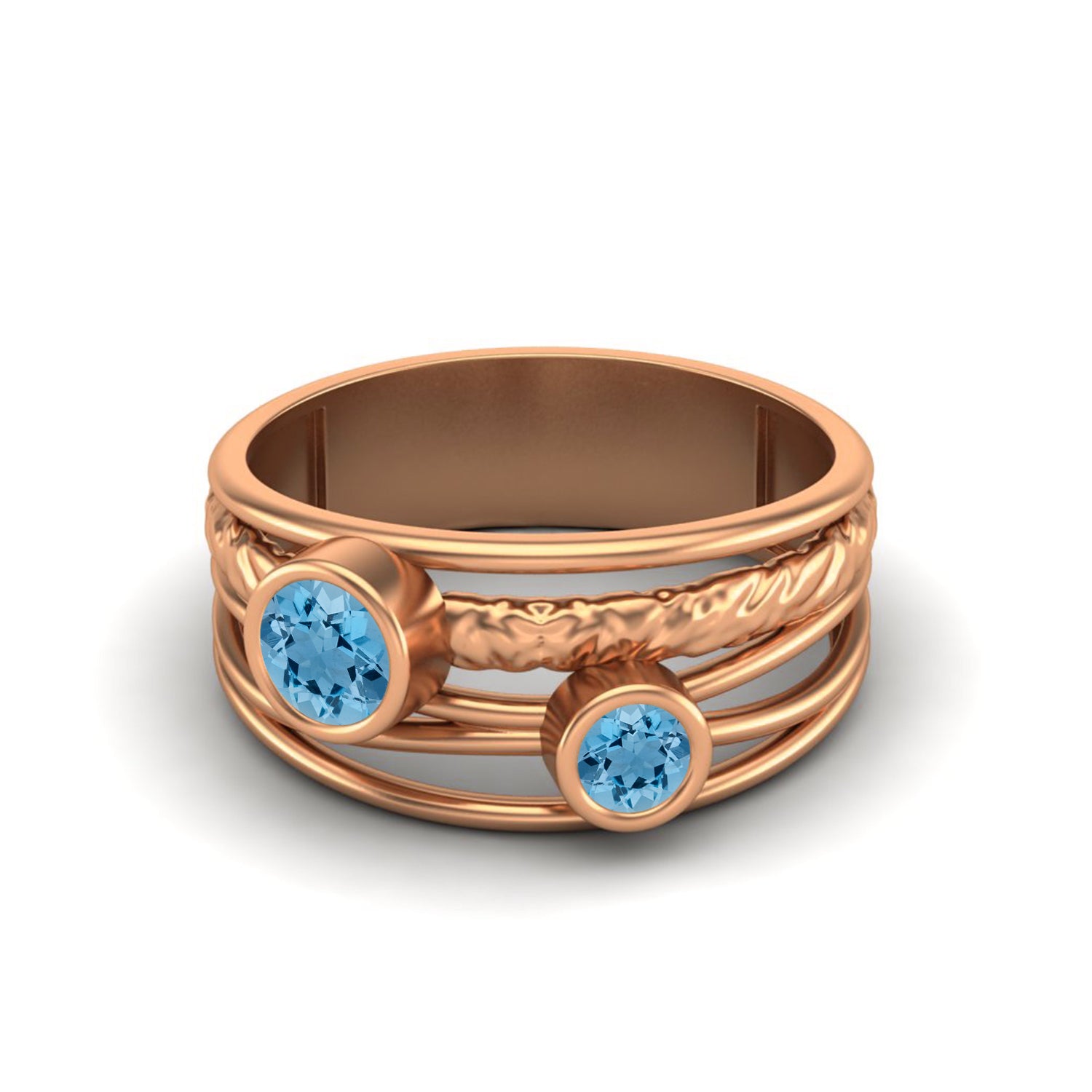 Swiss Blue Topaz Textured Design Wide Band Ring - Sterling Silver