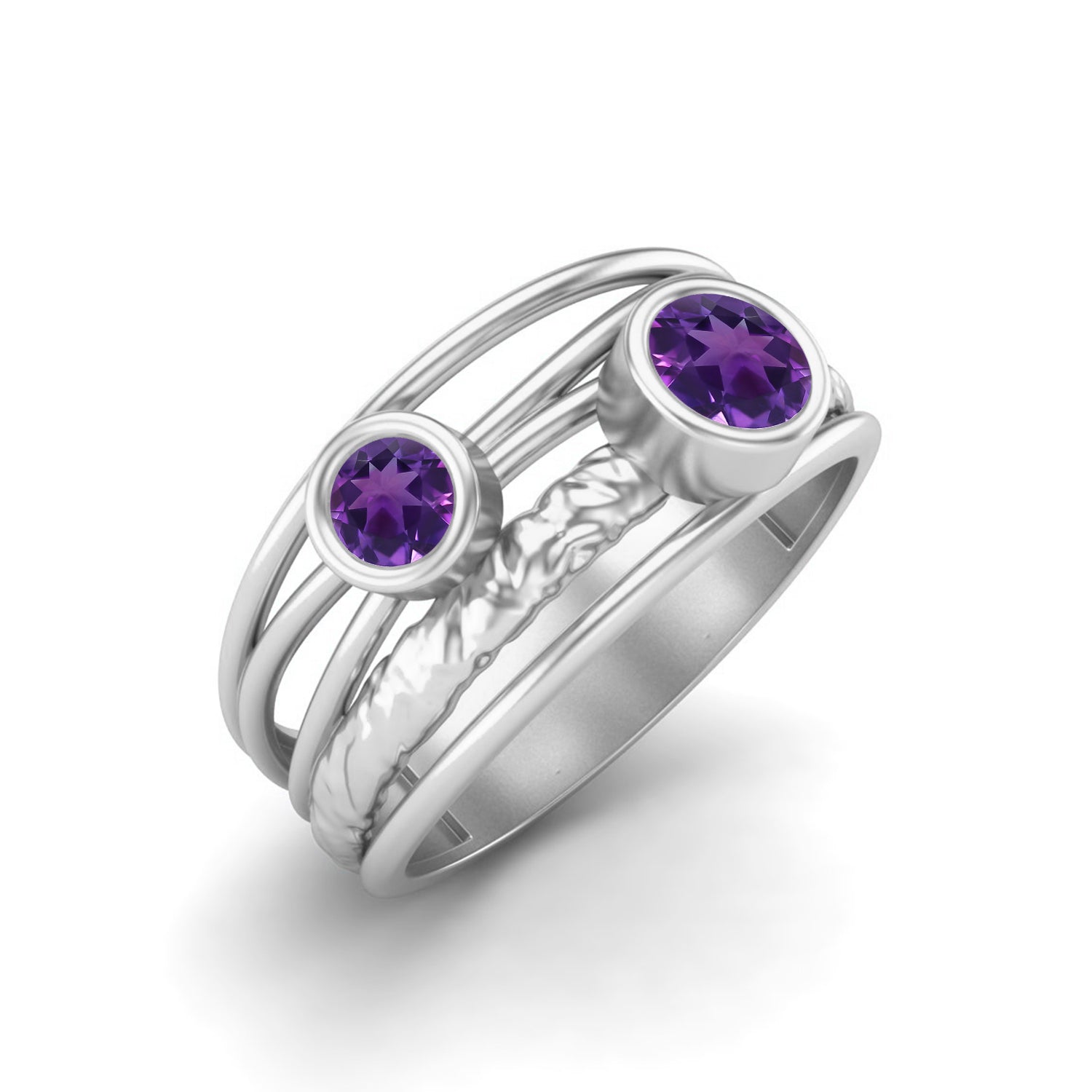 Anello con fascia in filo metallico testurizzato e ametista artistica – Argento Sterling