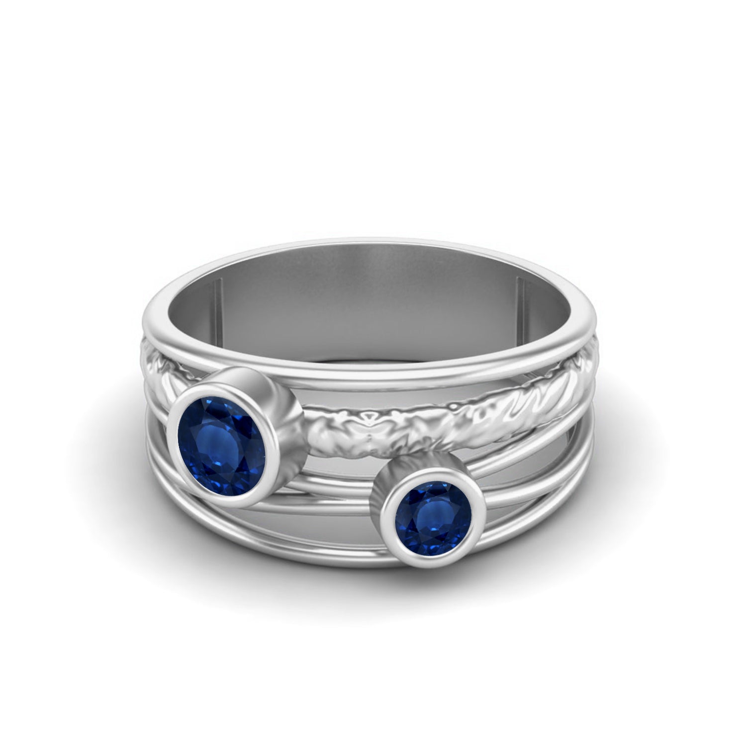 Blue Sapphire Textured Multi-Band Ring – Sterling Silver