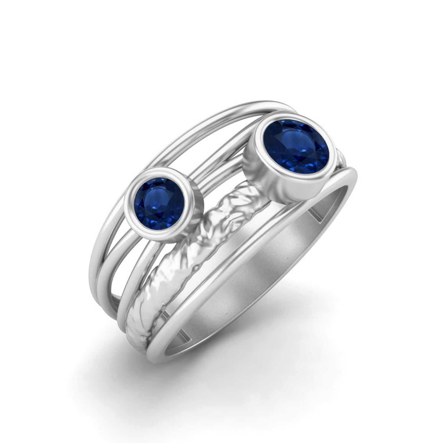 Blue Sapphire Textured Multi-Band Ring – Sterling Silver