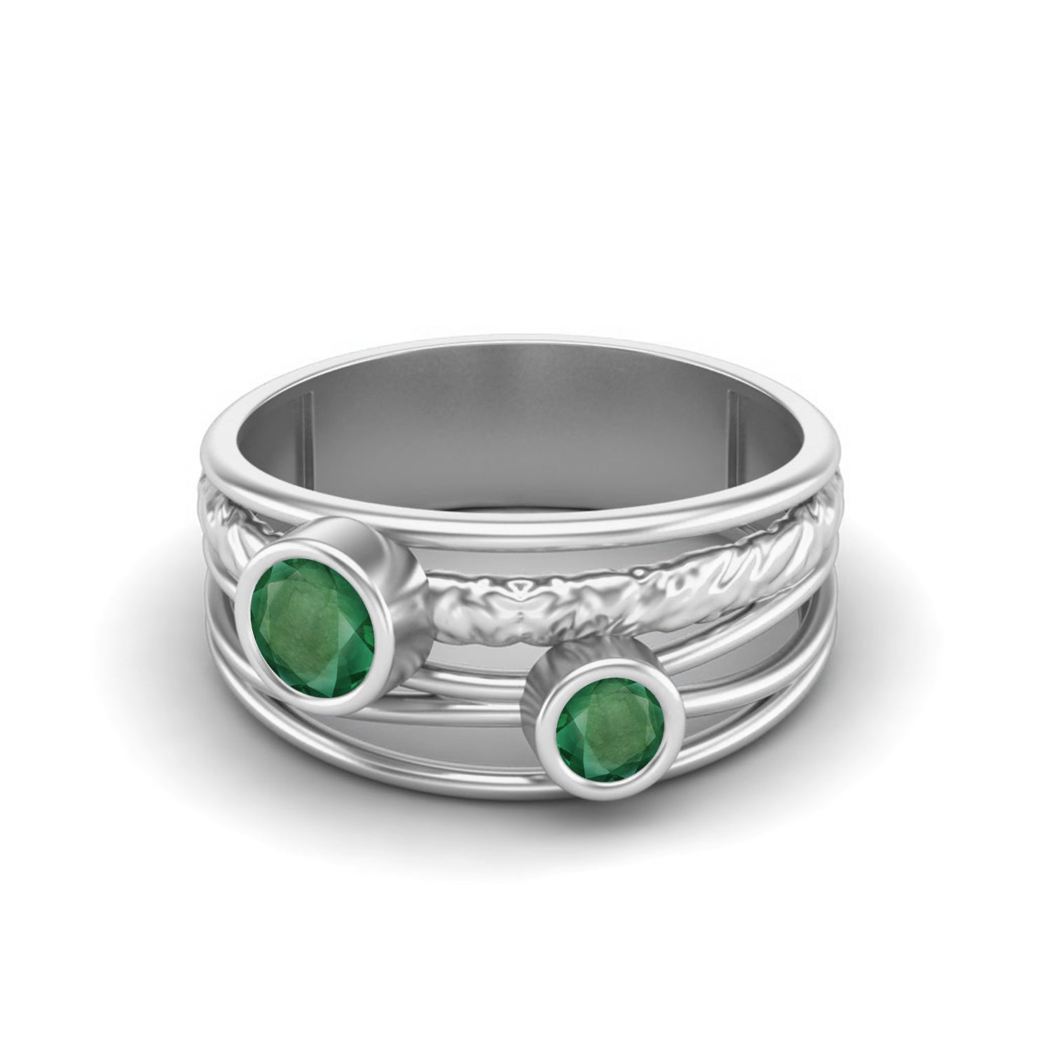Emerald Dual Gemstones Boho Wide Band Ring – Sterling Silver