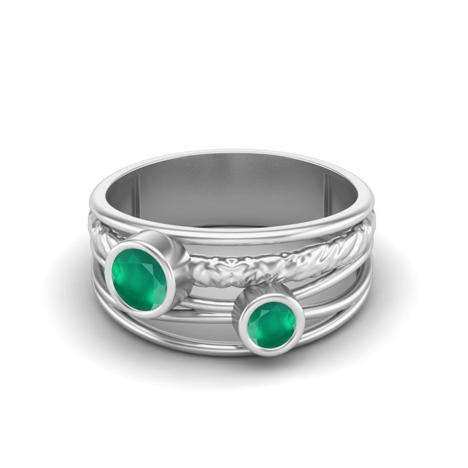 Green Onyx Textured Design Wide Band Ring - Sterling Silver