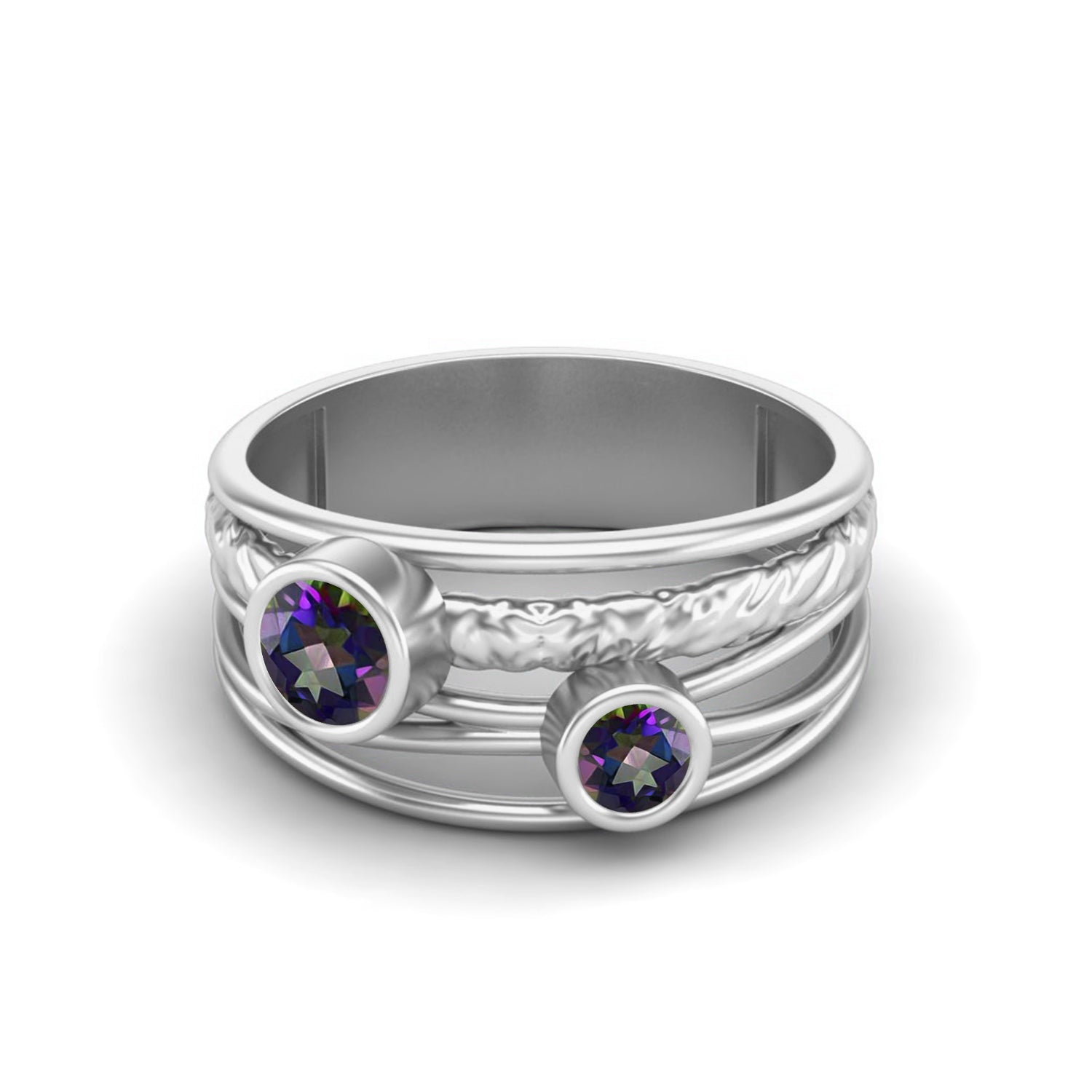Mystic Topaz Textured Design Wide Band Ring - Sterling Silver