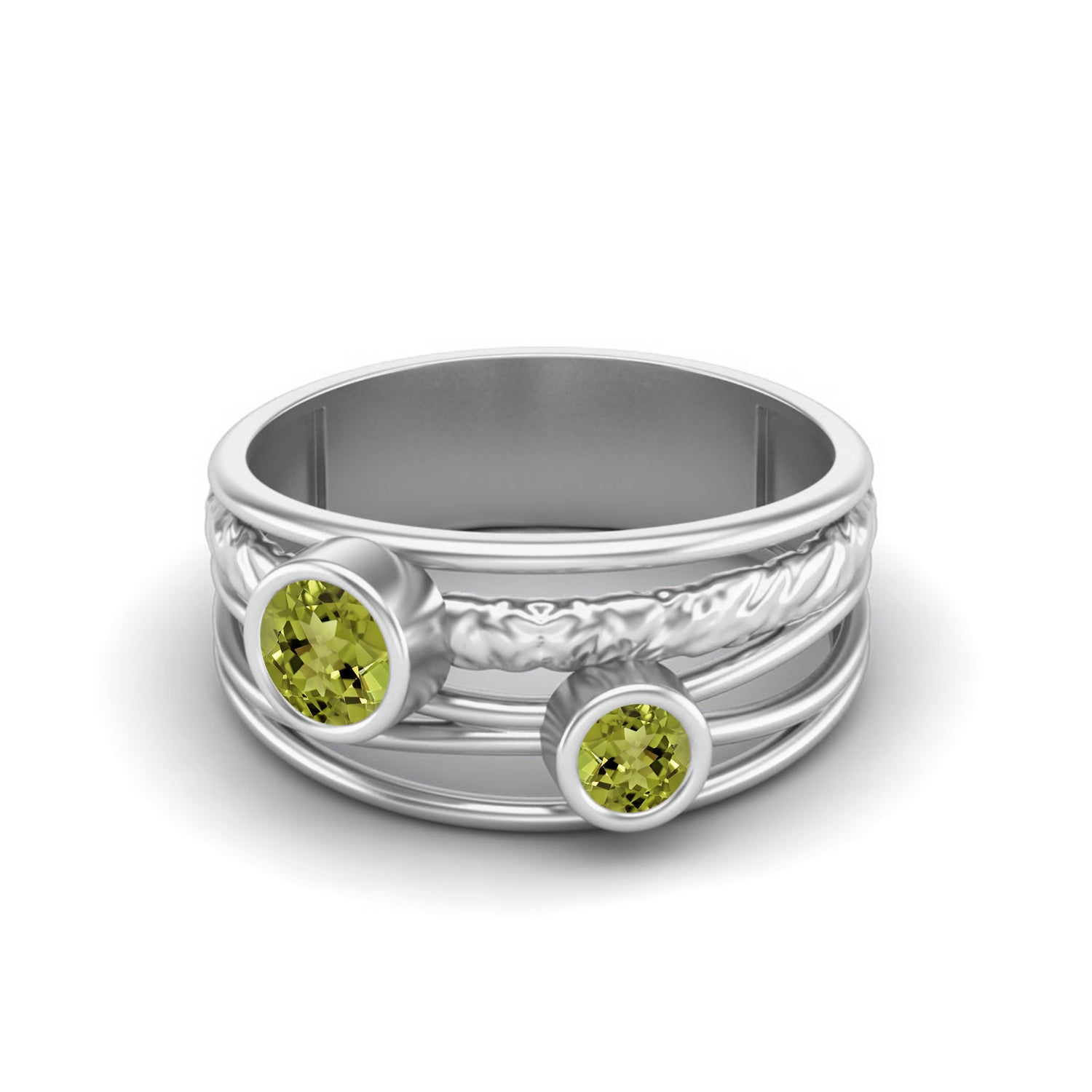 Peridot Textured Design Wide Band Ring - Sterling Silver