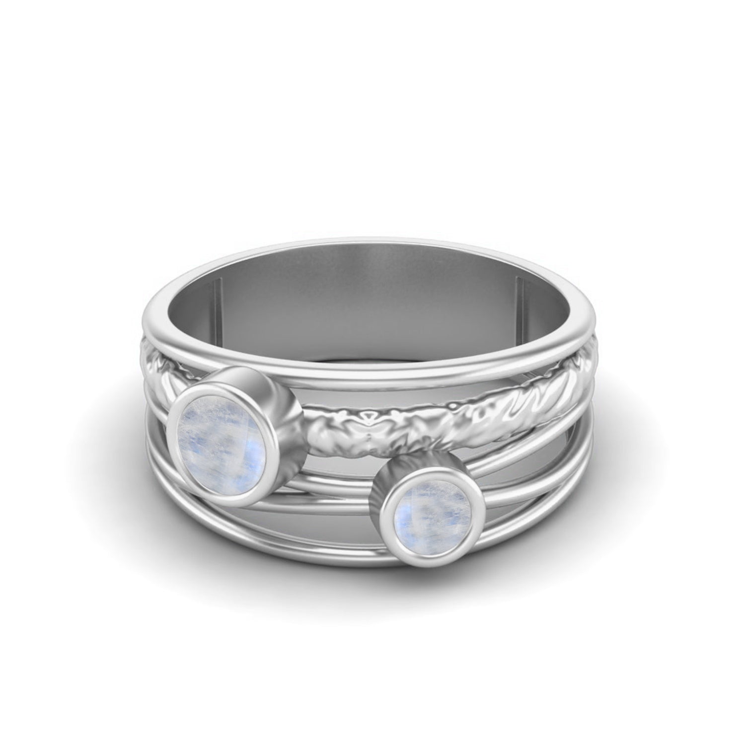 Moonstone Textured Design Wide Band Ring - Sterling Silver
