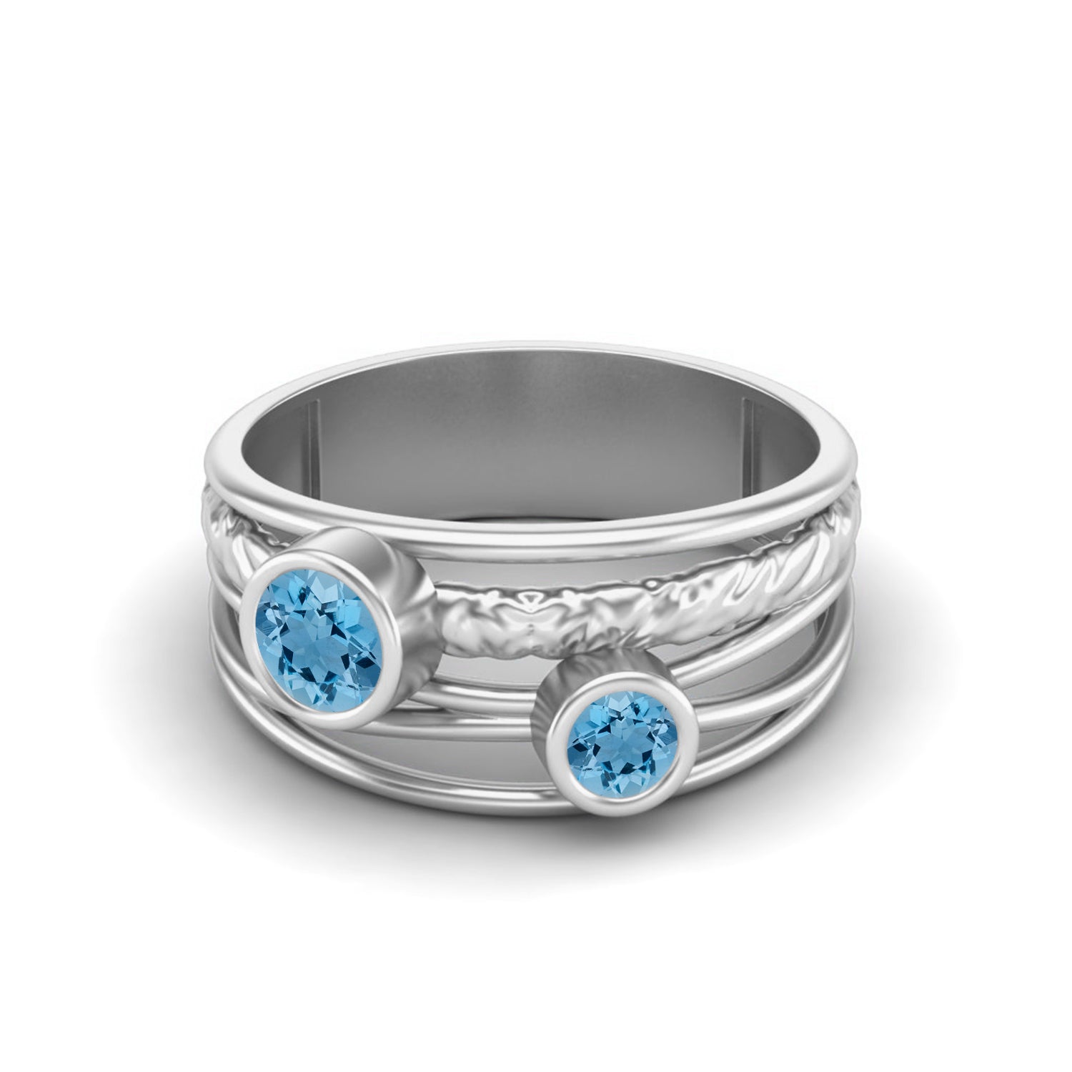 Swiss Blue Topaz Textured Design Wide Band Ring - Sterling Silver