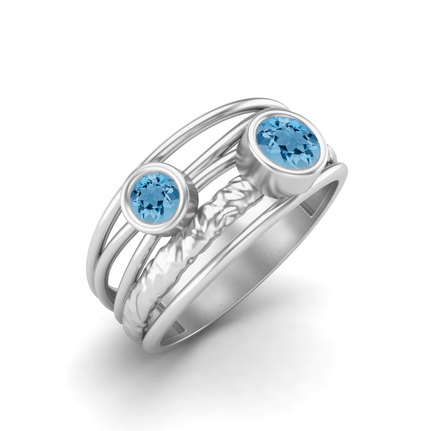 Swiss Blue Topaz Textured Design Wide Band Ring - Sterling Silver