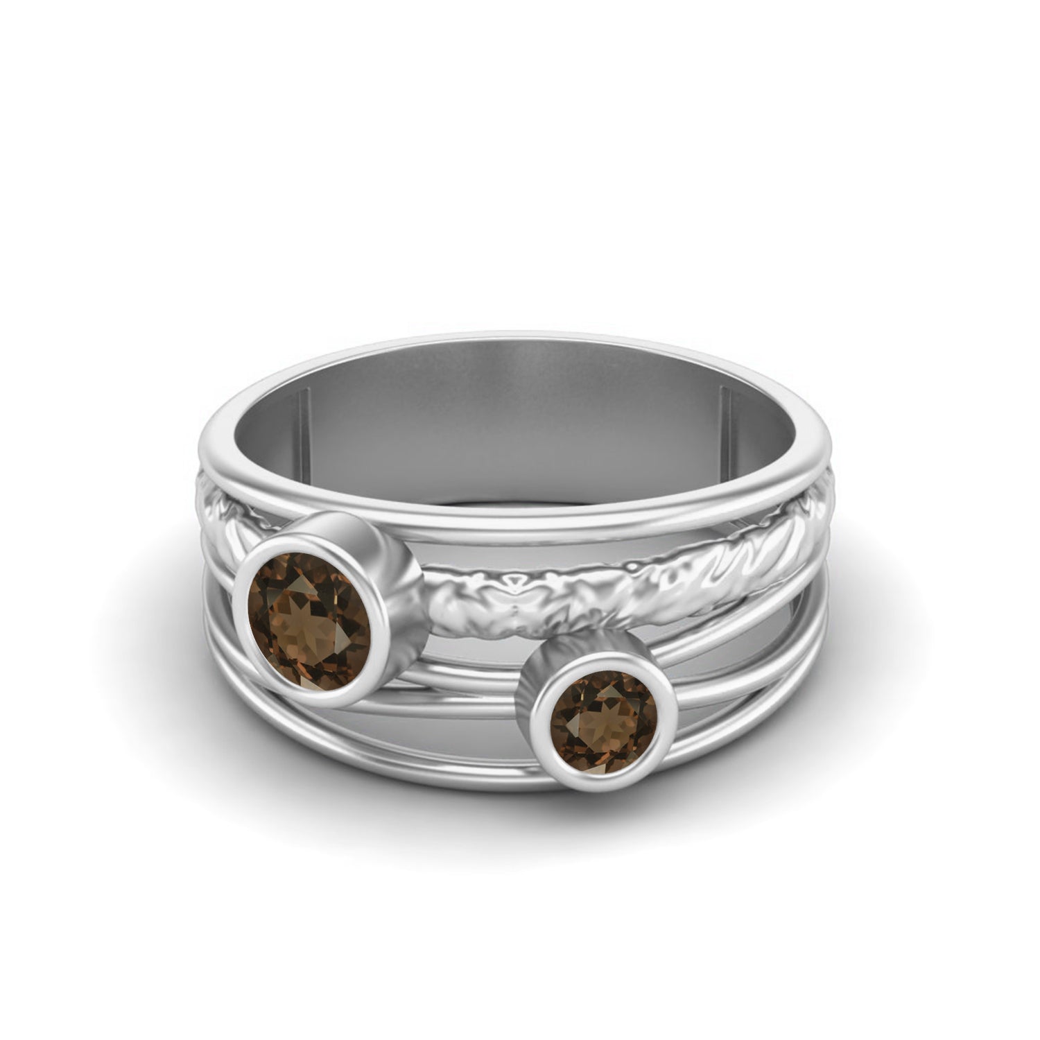 Smoky Quartz Textured Design Wide Band Ring - Sterling Silver