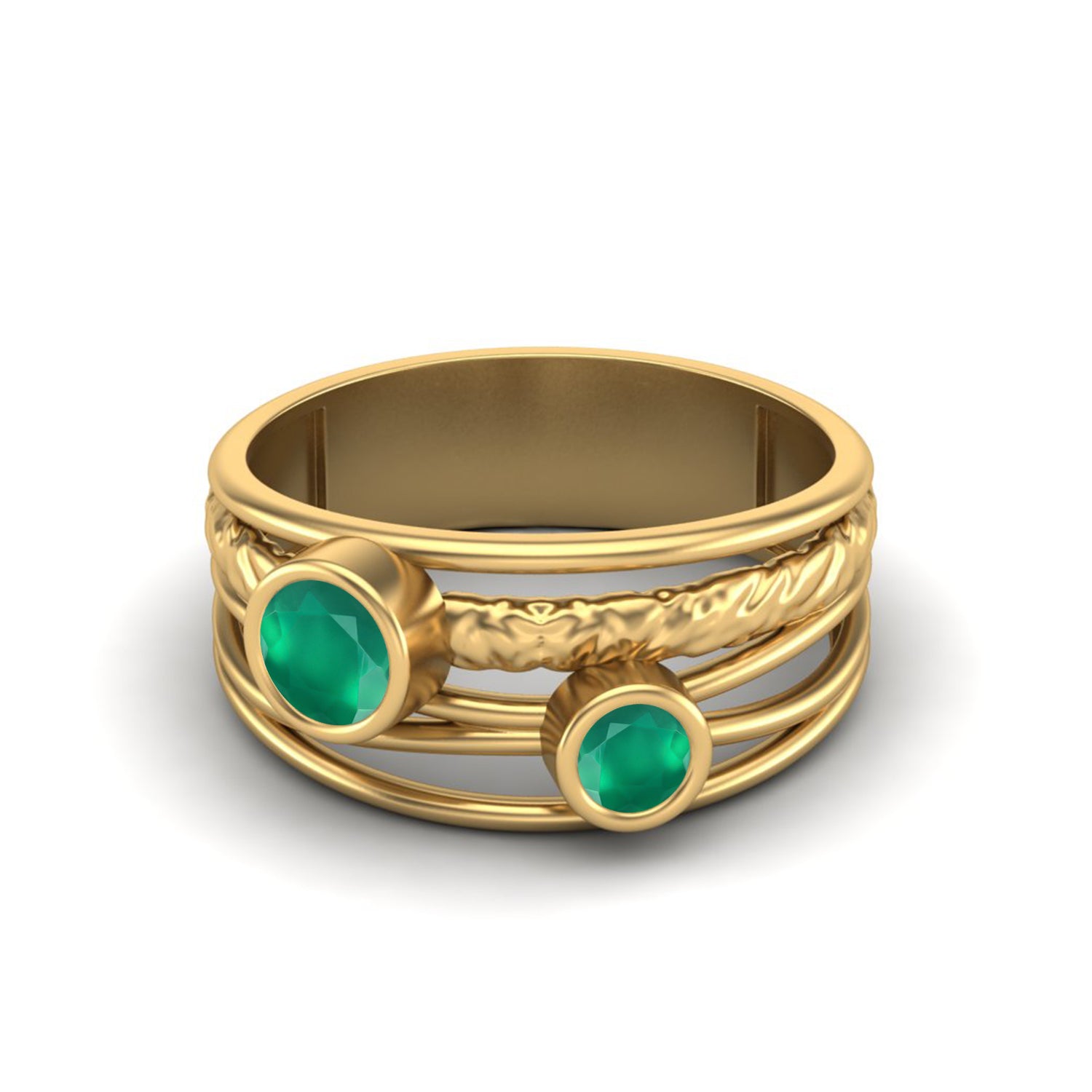 Green Onyx Textured Design Wide Band Ring - Sterling Silver