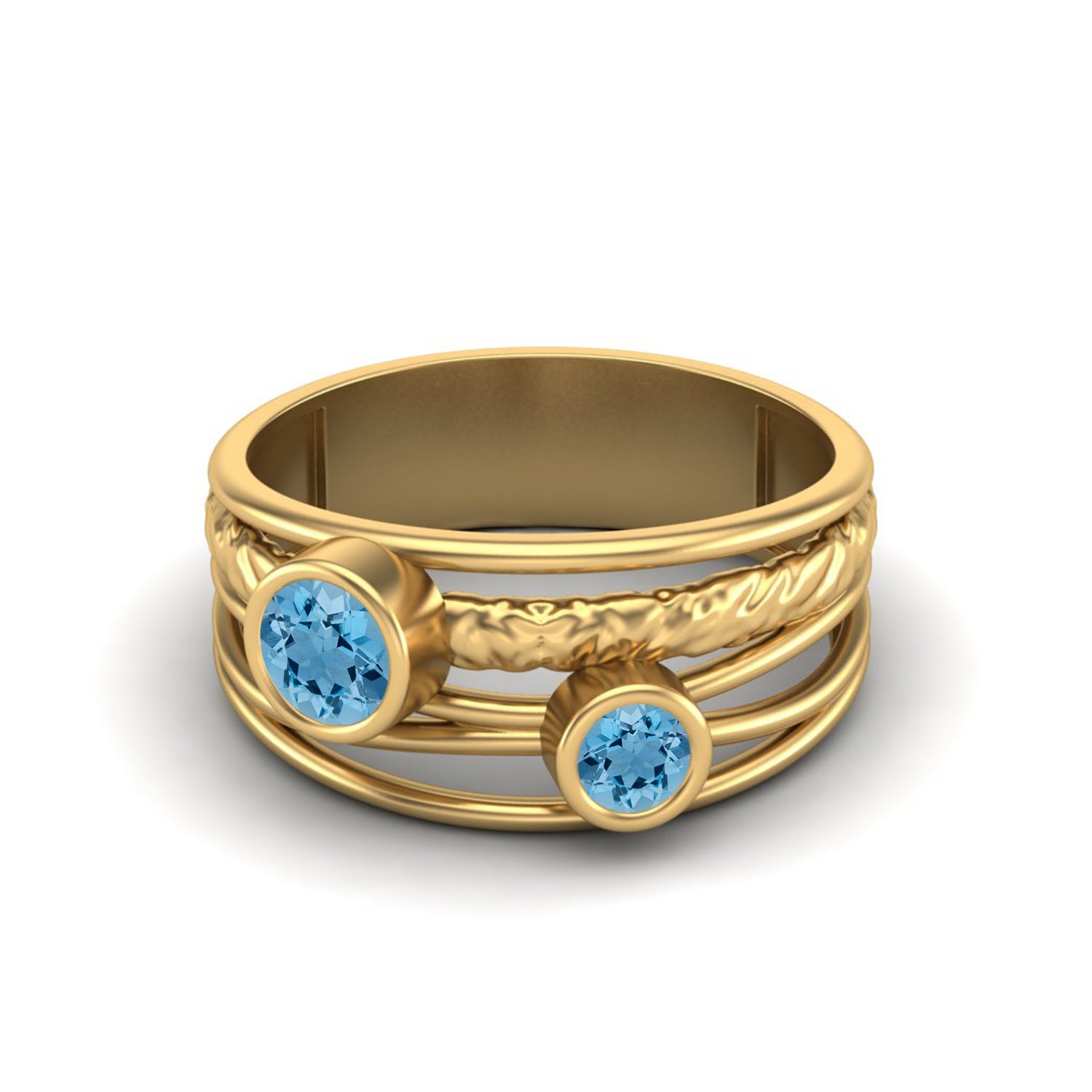 Swiss Blue Topaz Textured Design Wide Band Ring - Sterling Silver