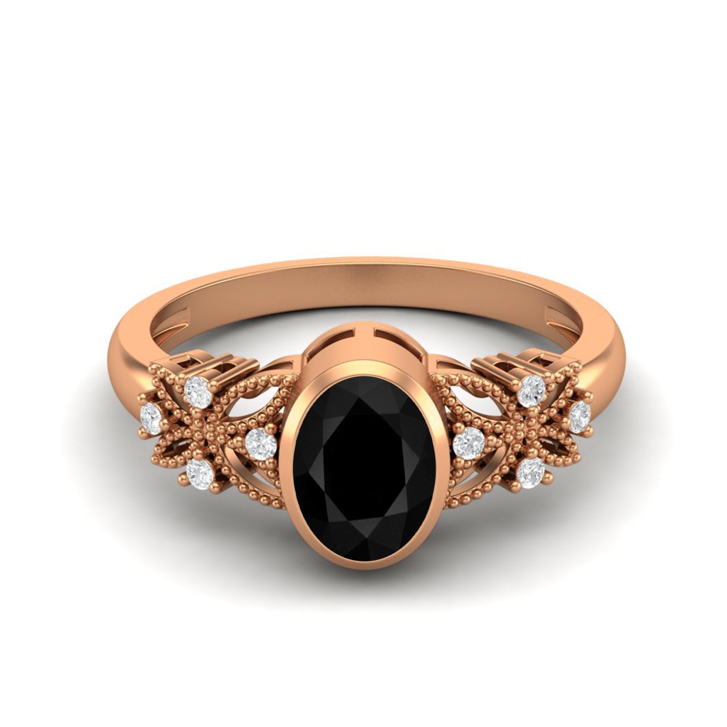 Black Spinel Floral Accents Ring - Sterling Silver