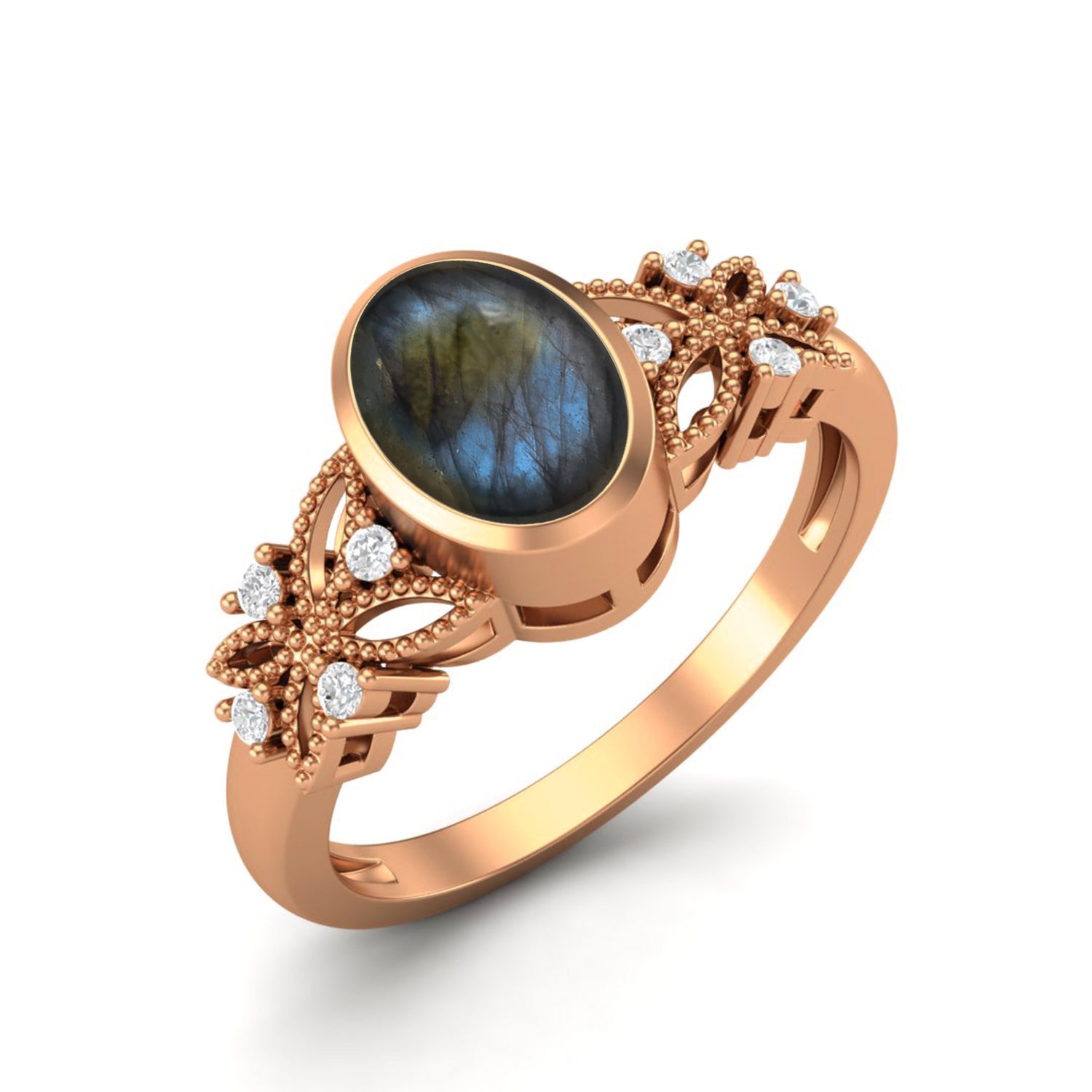 Anello solitario da sposa celtico in labradorite ovale da 7x5 mm