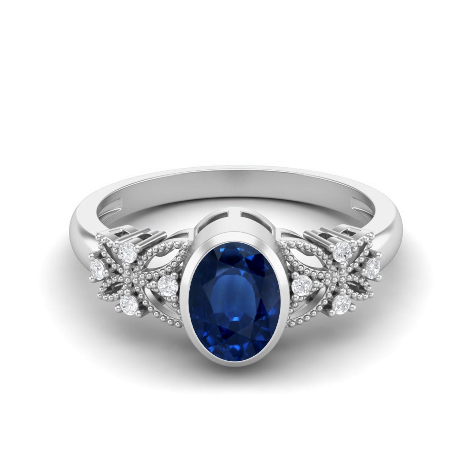 Blue Sapphire Floral Accent Ring - Sterling Silver