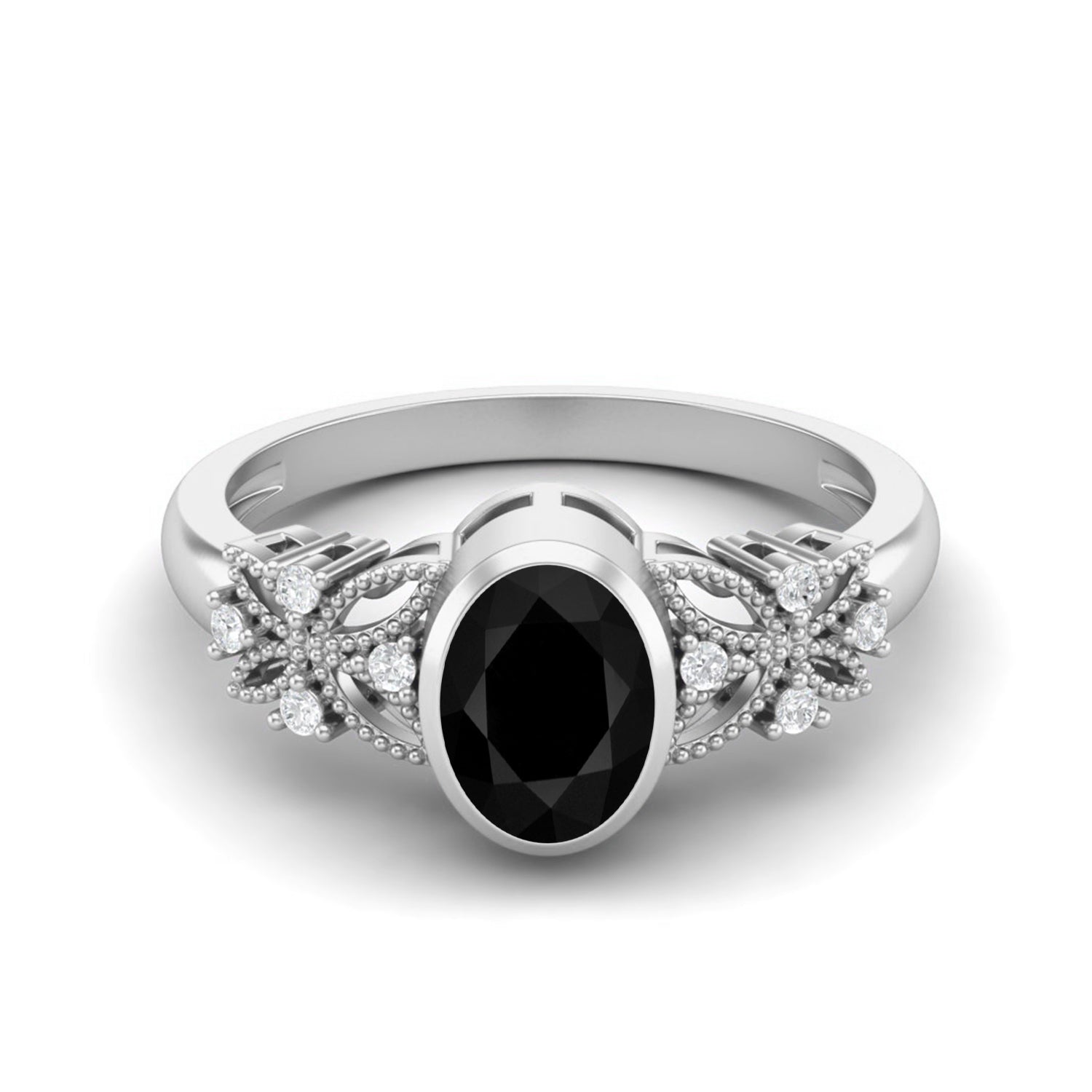 Black Spinel Floral Accents Ring - Sterling Silver