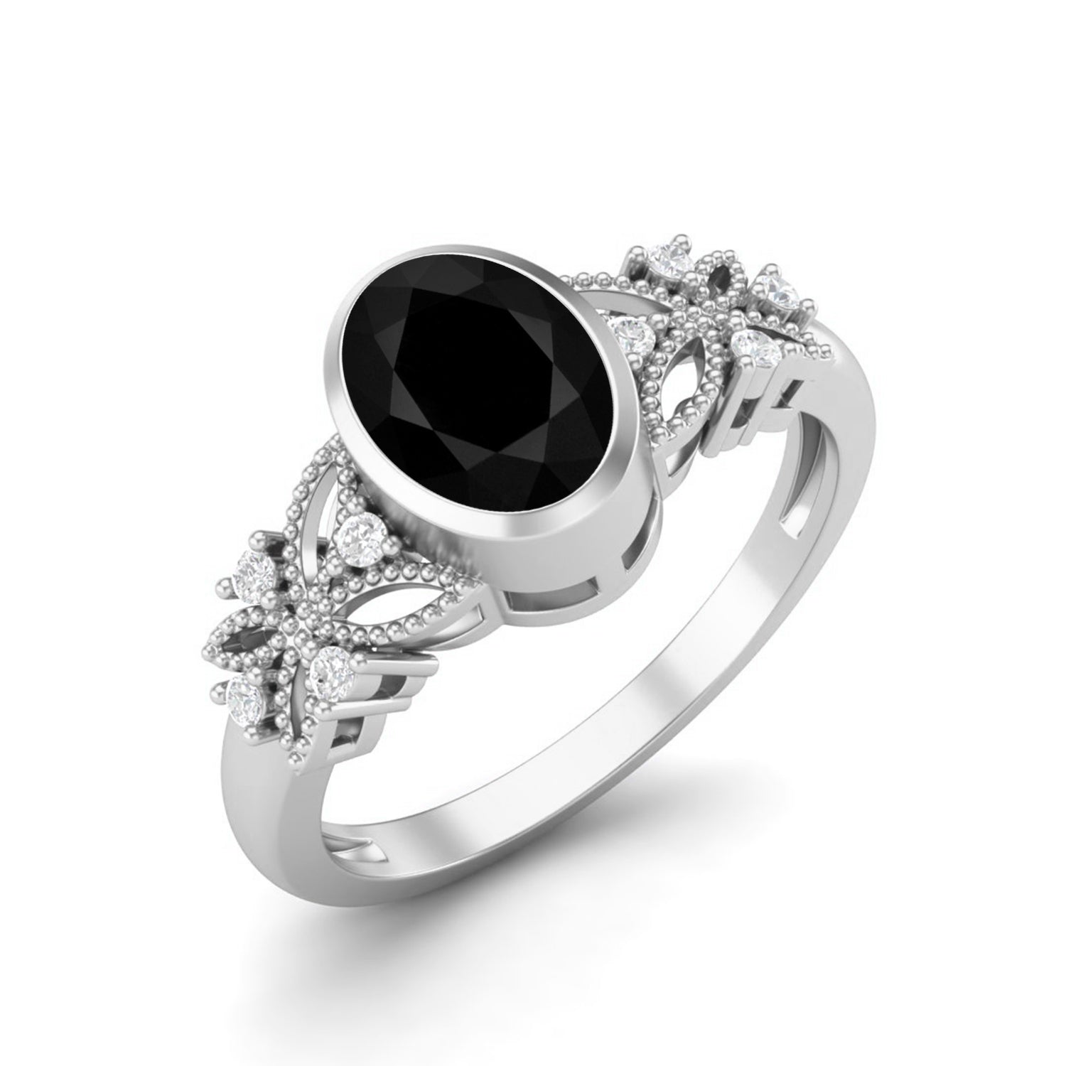 Black Spinel Floral Accents Ring - Sterling Silver