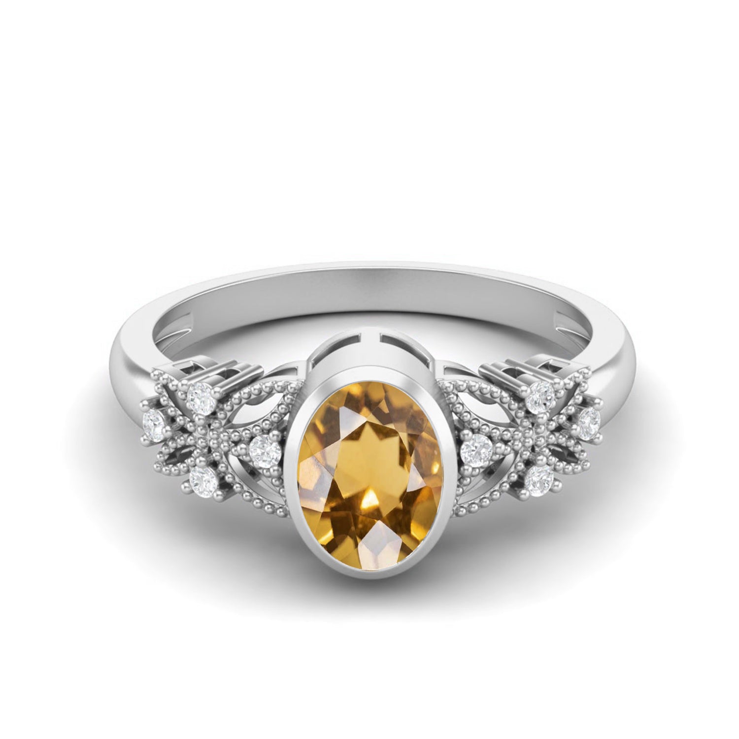 Citrine Floral Diamond Accents Ring – Sterling Silver