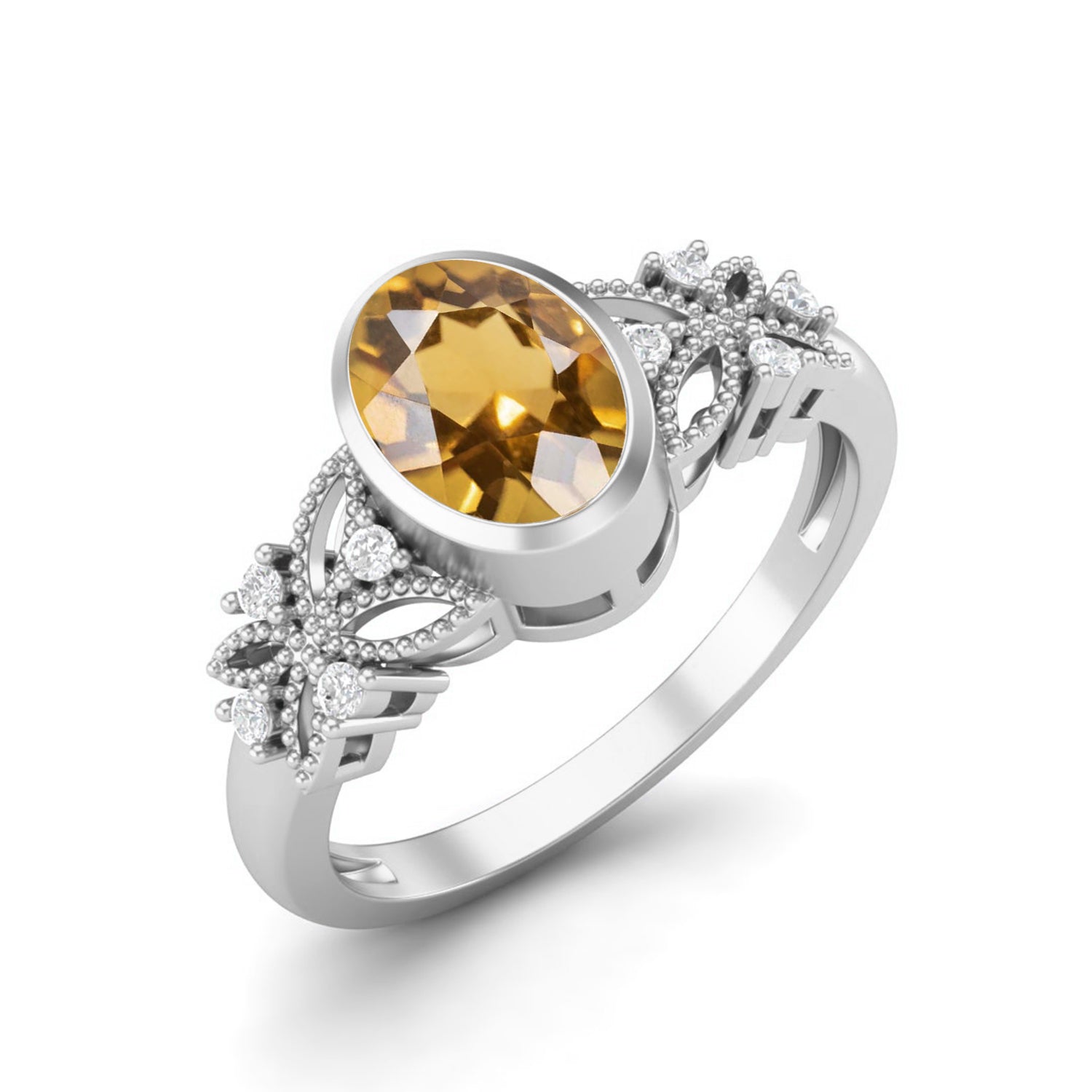 Citrine Floral Diamond Accents Ring – Sterling Silver